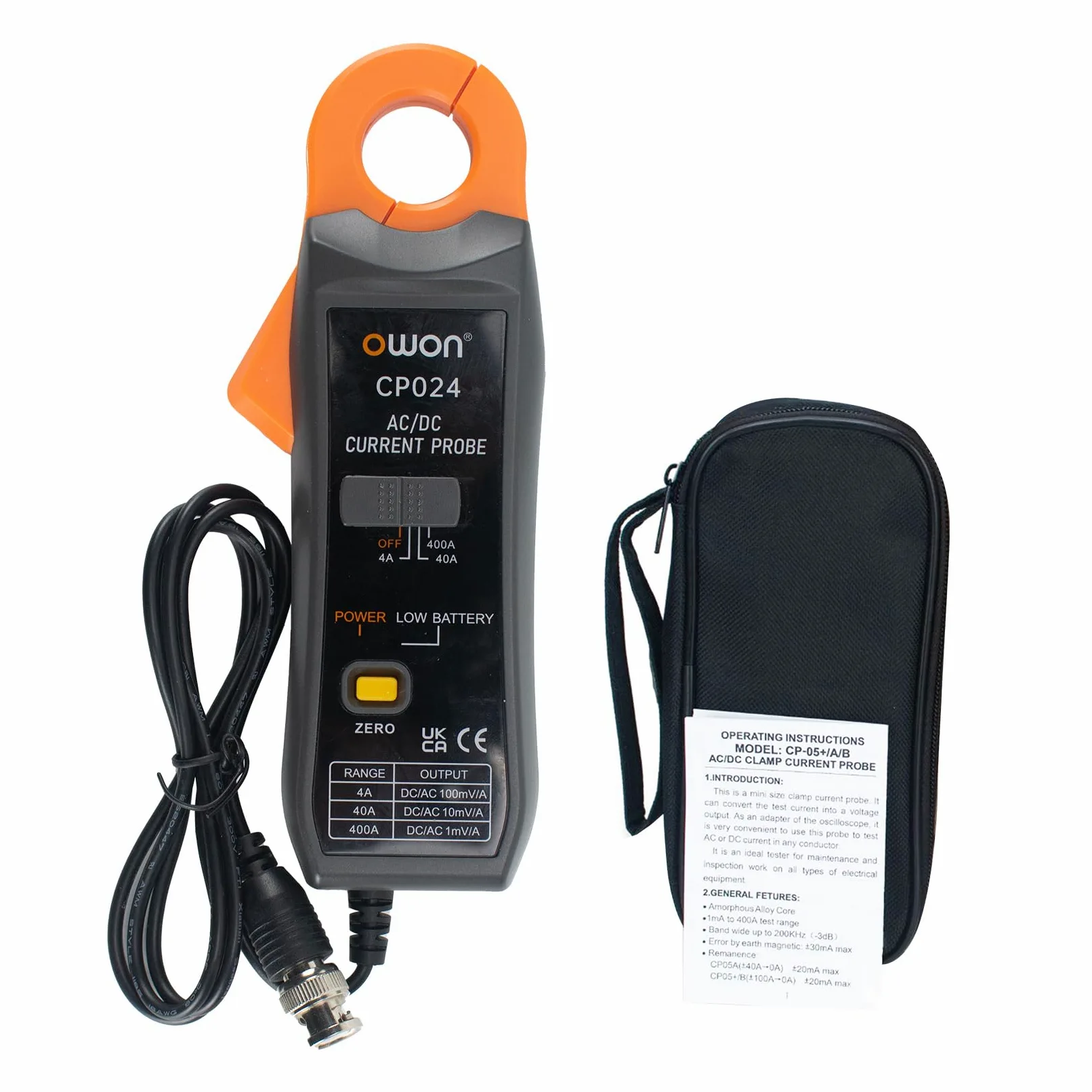 OWON CP024 Sonda a pinza amperometrica AC/DC per oscilloscopio, pinza amperometrica per tester di corrente 200 KHz Larghezza di banda 1 mV/10 mA 400 A Correzione dello zero relativo con connettore BNC