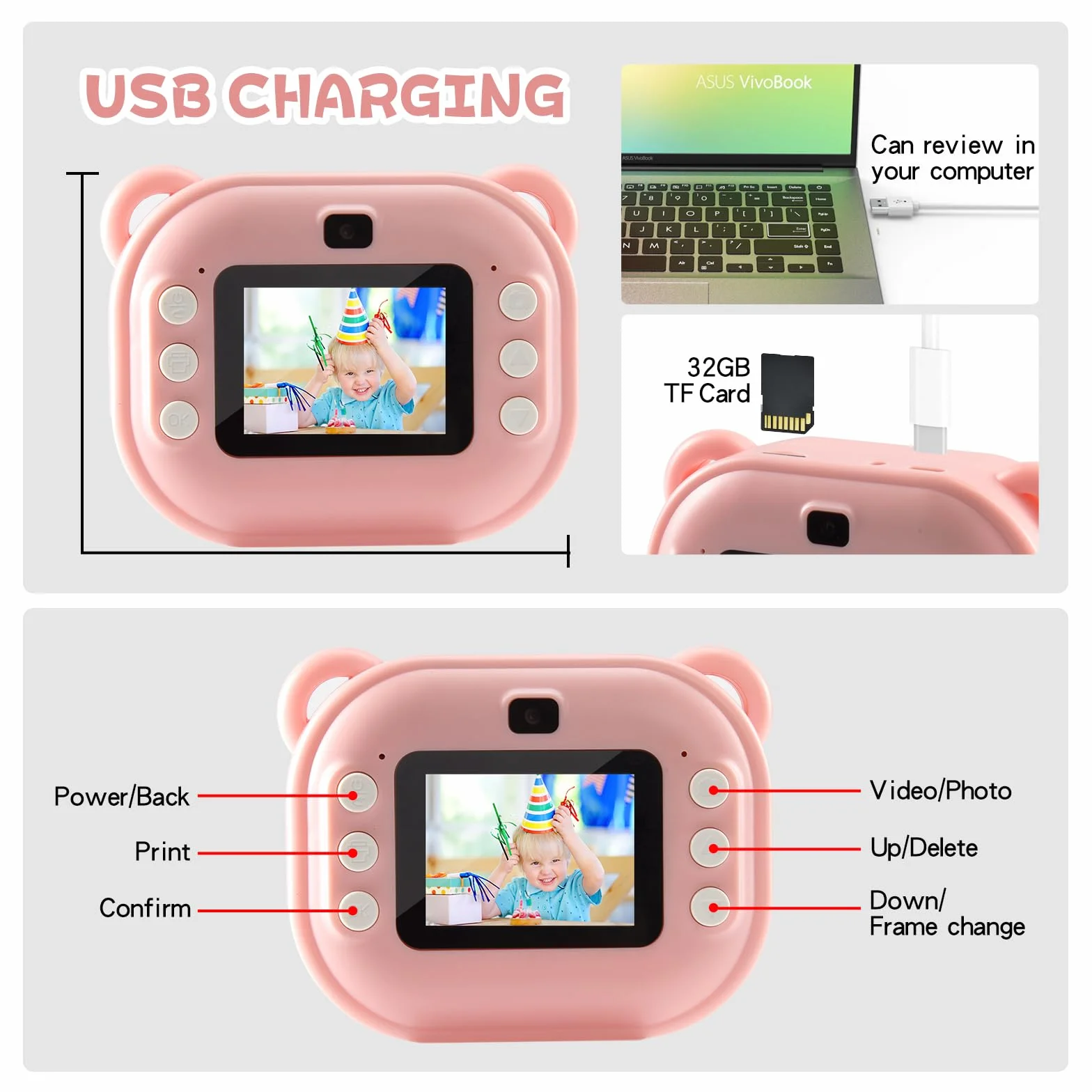 Fotocamera per Bambini per Ragazze e Ragazzi, Fotocamera Giocattolo con Stampa Istantanea per Bambini, dai 3 ai 14 Anni, Fotocamera Digitale per Bambini HD da 32 GB (Rosa)