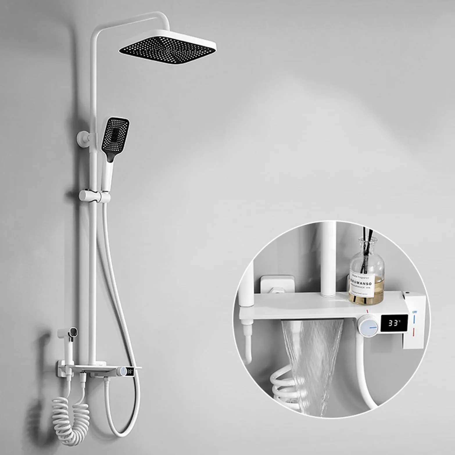 Sistema Doccia con Display Digitale a LED, Set di rubinetti a 4 funzioni, Montaggio a Parete, Combinazione Pioggia per Bagno, Vasca in Ottone con doccetta e Bidet (Bianco)