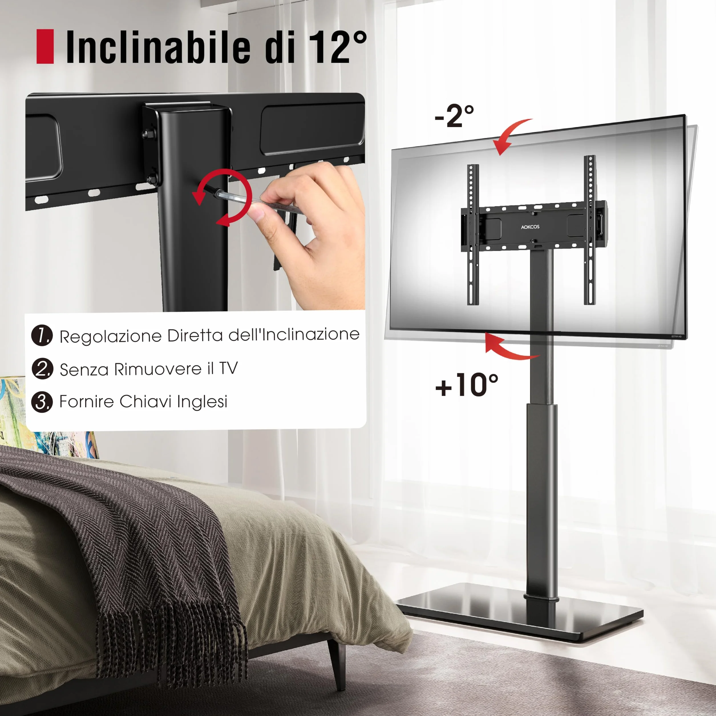 AOKCOS Supporto TV da Pavimento inclinabile per 32-55 65 70 Pollici, Girevole & Altezza Regolazione Mobile Porta TV da Terra, Max VESA 400x400mm 40kg