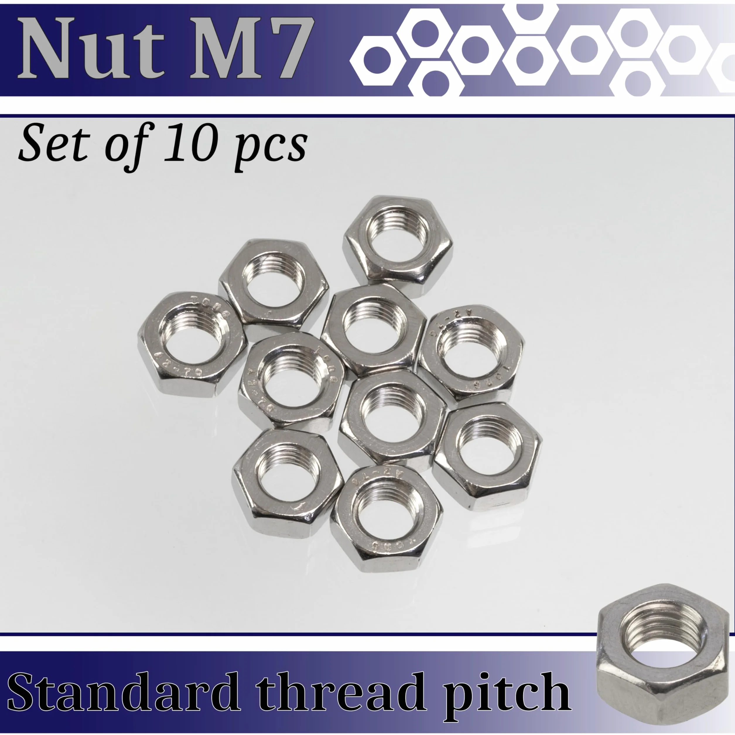 AERZETIX Set di 10 Dadi esagonali M7x1mm a 6 lati in acciaio inossidabile argento