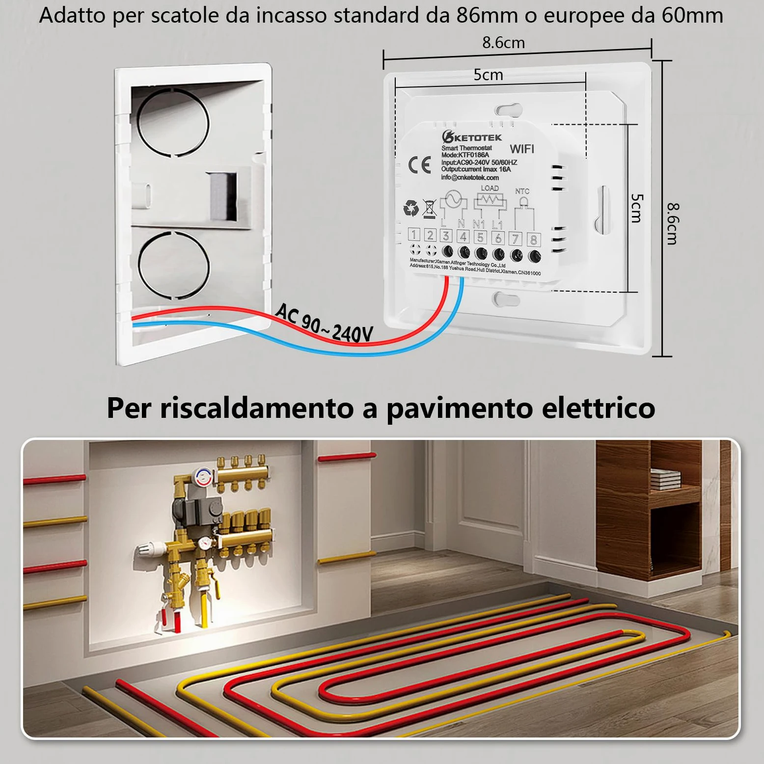 KETOTEK Termostato Digitale Smart per Riscaldamento a Pavimento Elettrico, Cronotermostato WiFi Programmabile 16A, Termostato Ambiente con Sonda, Compatibile con Alexa Comando Vocale