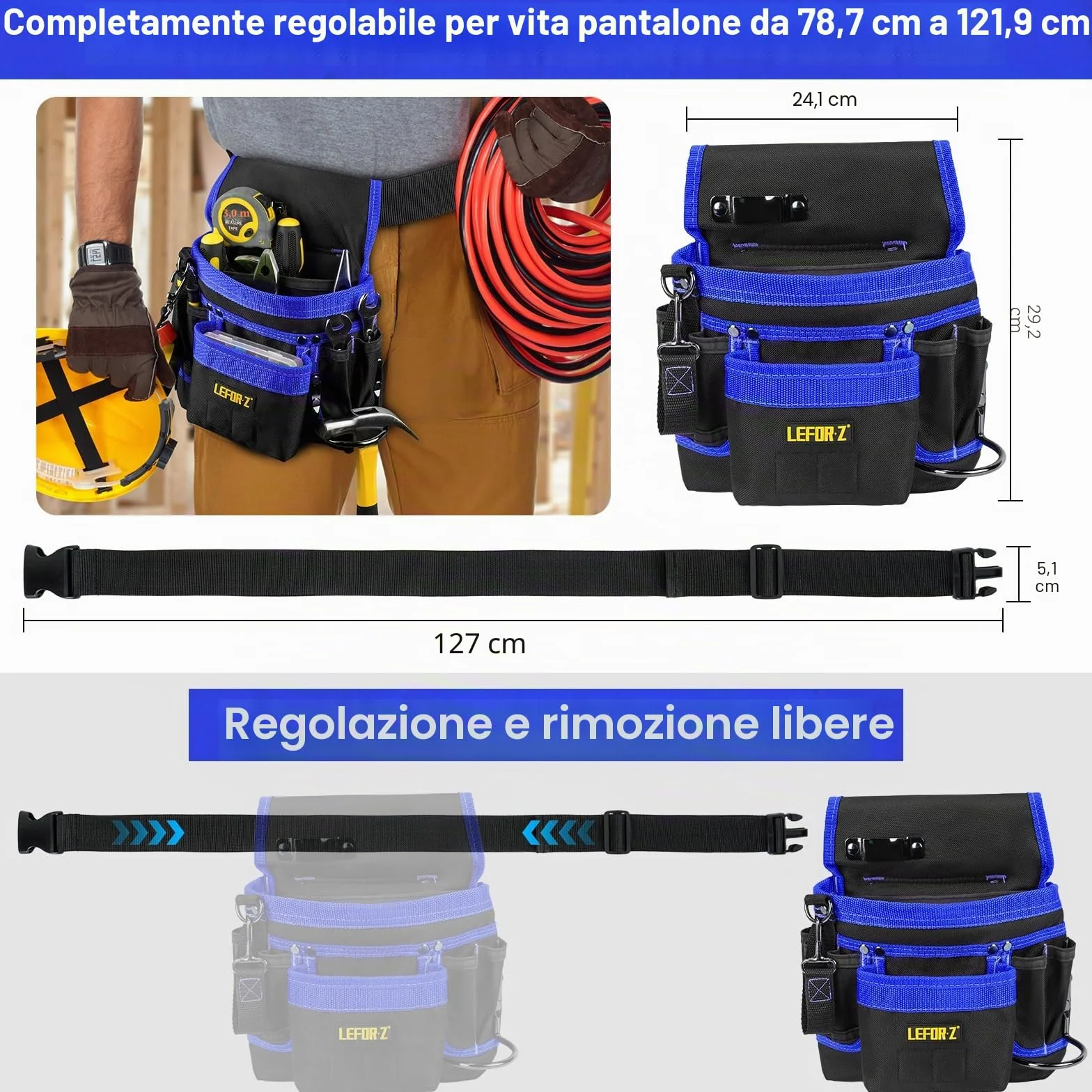 Cintura Porta Attrezzi Magnetica 14 Tasche Regolabile Staccabile Elettricista Falegname Edilizia Nero-Blu