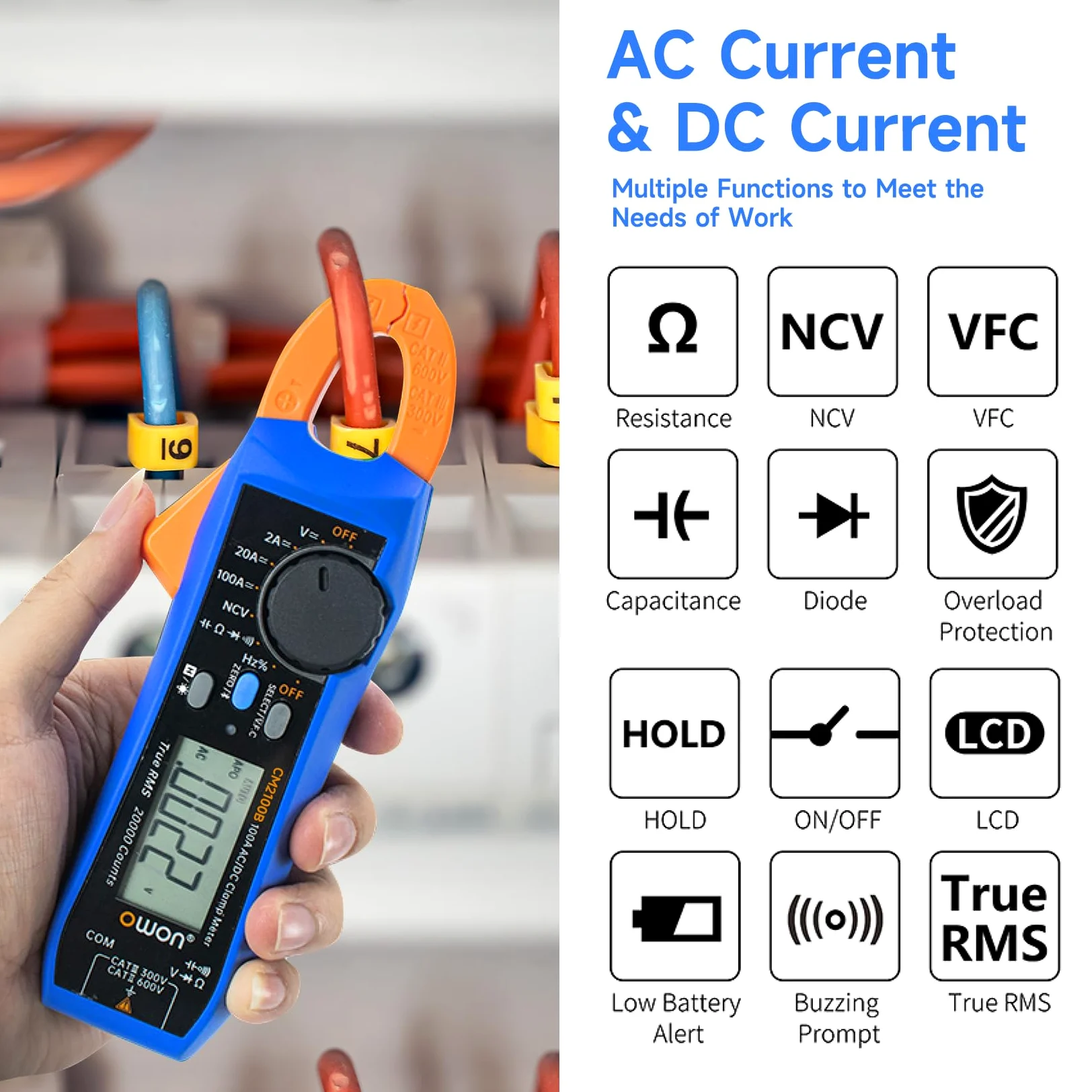 OWON CM2100B Pinza amperometrica Bluetooth 20000 conteggi palmare True RMS 600V 100A AC/DC Test corrente e tensione con protezione da sovraccarico VFC, tester di capacità di resistenza, funzione NCV