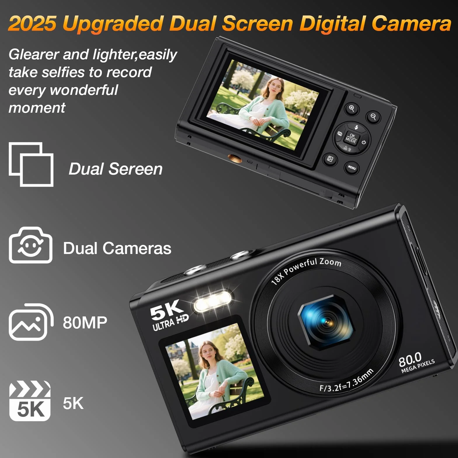 Fotocamera digitale a doppio schermo 5K per Vlogging, fotocamera WiFi da 80 MP con display frontale, zoom 18x, luce di riempimento, include scheda da 64 GB e 2 batterie