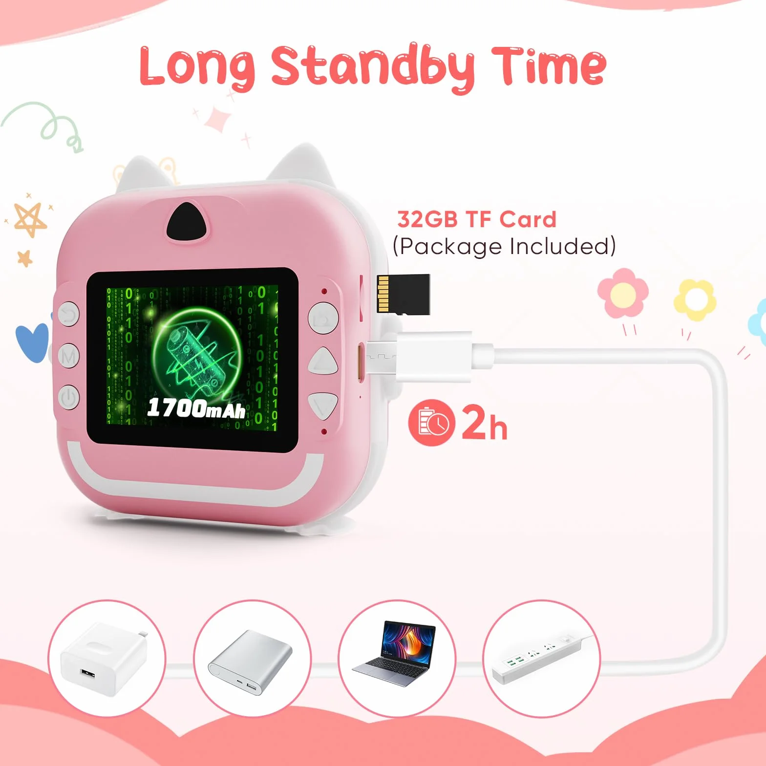 Macchina Fotografica Bambini Istantanea, Potuem 2.4 Pollici Digitale Fotocamera Bambini con 32GB Scheda TF, 6 Penne Colorate, 24MP/1080P Fotocamera Istantanea per Bambini, Regalo di Compleanno