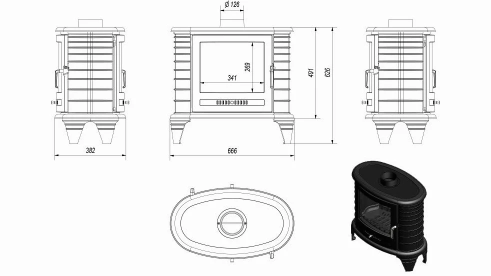 KRATKI Stufa a legna in ghisa KOZA K8 9,9 kW Ø150 tunnel A Stufe Svedesi | Ghisa nero, efficienza 75,2%, classe A. Ecodesign.; Gamma di potenza 5-11kW; combustione efficiente; basse emissioni