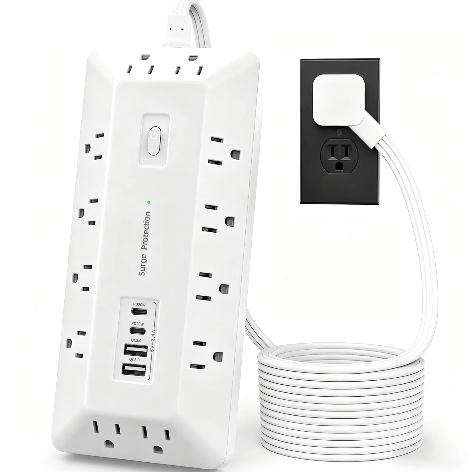 Ciabatta per computer con protezione da sovratensioni, 12 prese AC, 2 USB-C 2 USB-A, cavo di prolunga piatto da 1,8 m per stazione di ricarica