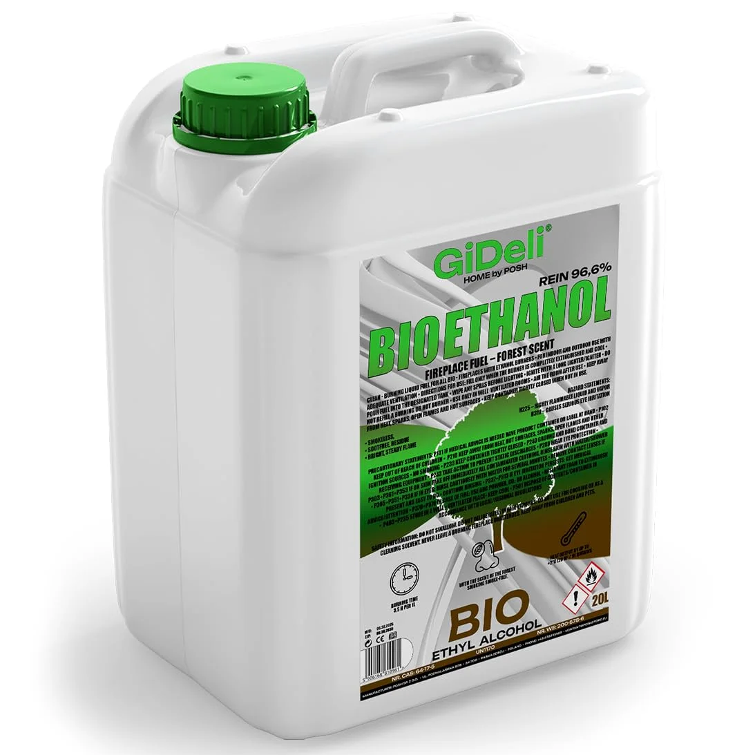 GiDeli Bioetanolo 20 l profumo forestale 96,6% etanolo per camini interni ed esterni, senza fumo e fuliggine, da mais e barbabietola da zucchero