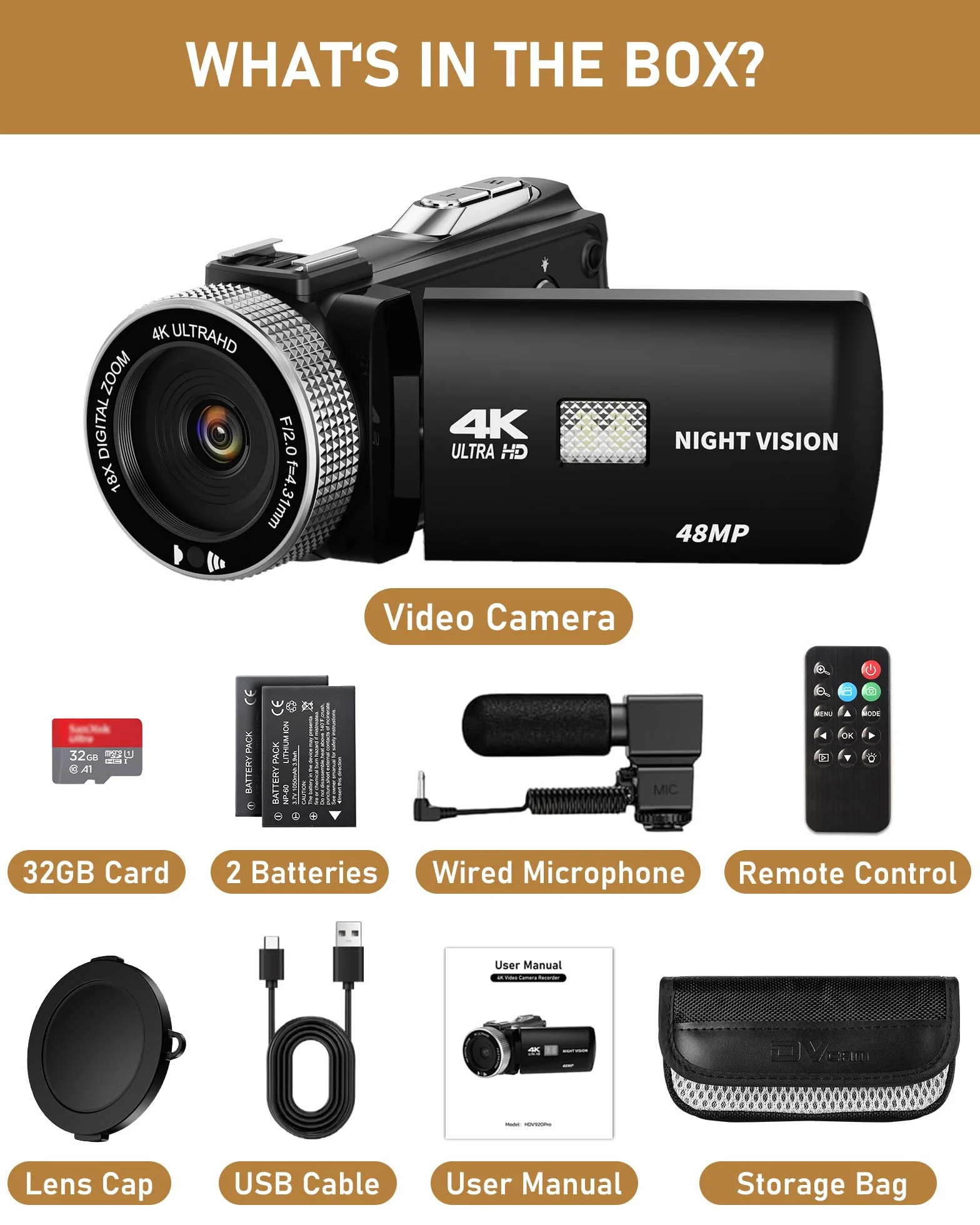 Videocamera 4K 48MP con Visione Notturna IR, Zoom Digitale 18X 3.0'' Rotazione 270° Touchscreen Vlogging Camera per YouTube, Camcorder con Telecomando, Microfono, Scheda TF da 32 GB, 2 Batterie