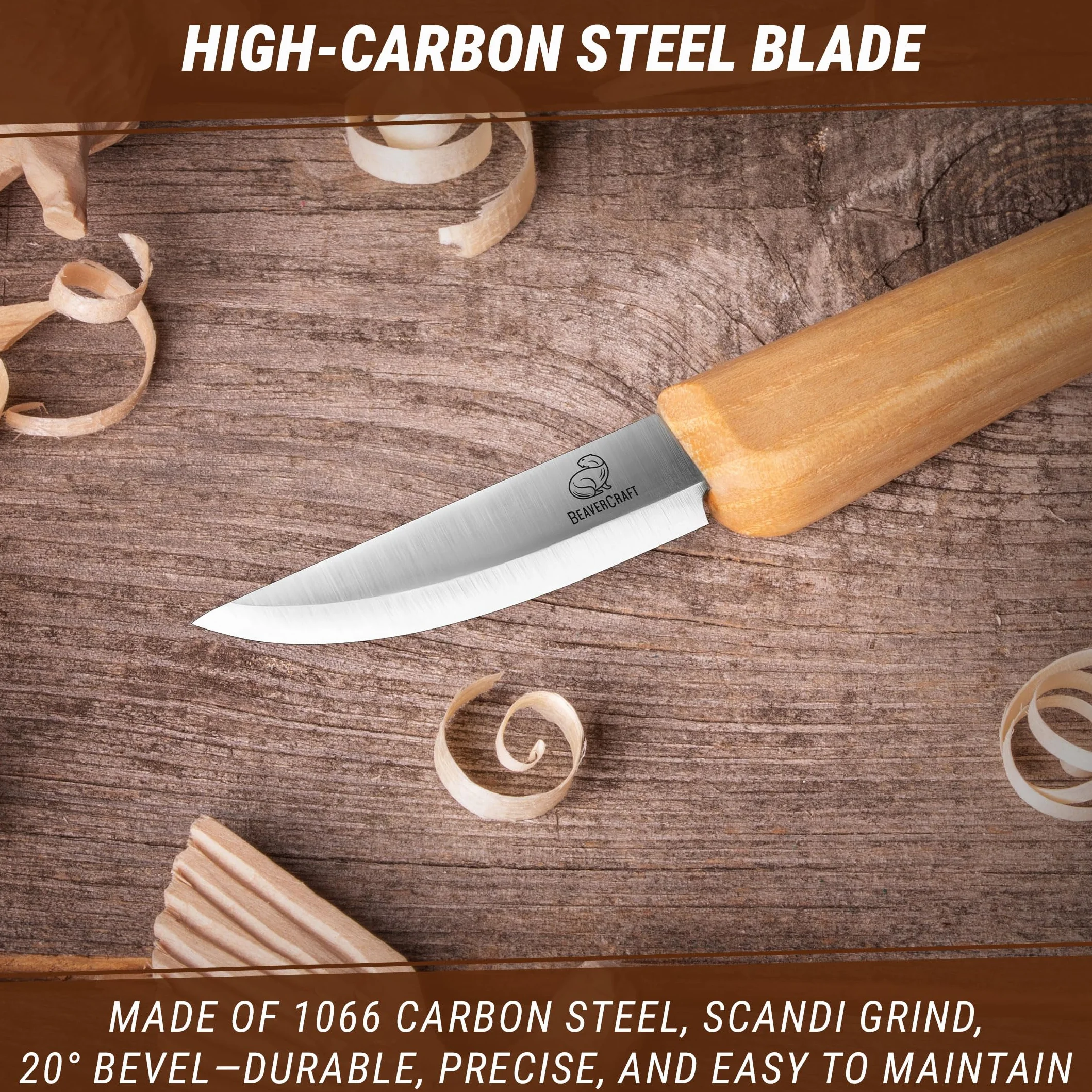 BeaverCraft Coltello da intaglio C1M Sloyd Lama Scandi Grind acciaio al carbonio per principianti