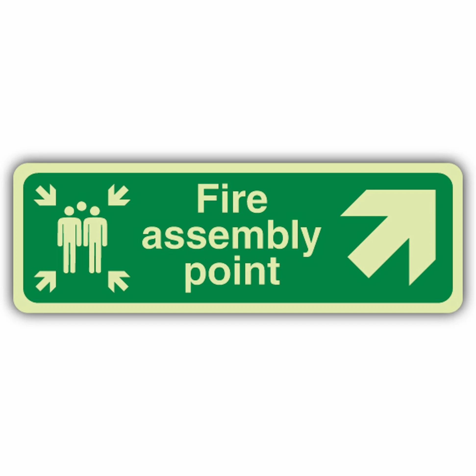 Cartello di sicurezza con scritta "V Safety Glow In The Dark Fire Assembly Point Arrow Up Right Signage" – 750 x 250 mm – Realizzato in plastica rigida a doppio bagliore – Segnaletica antincendio