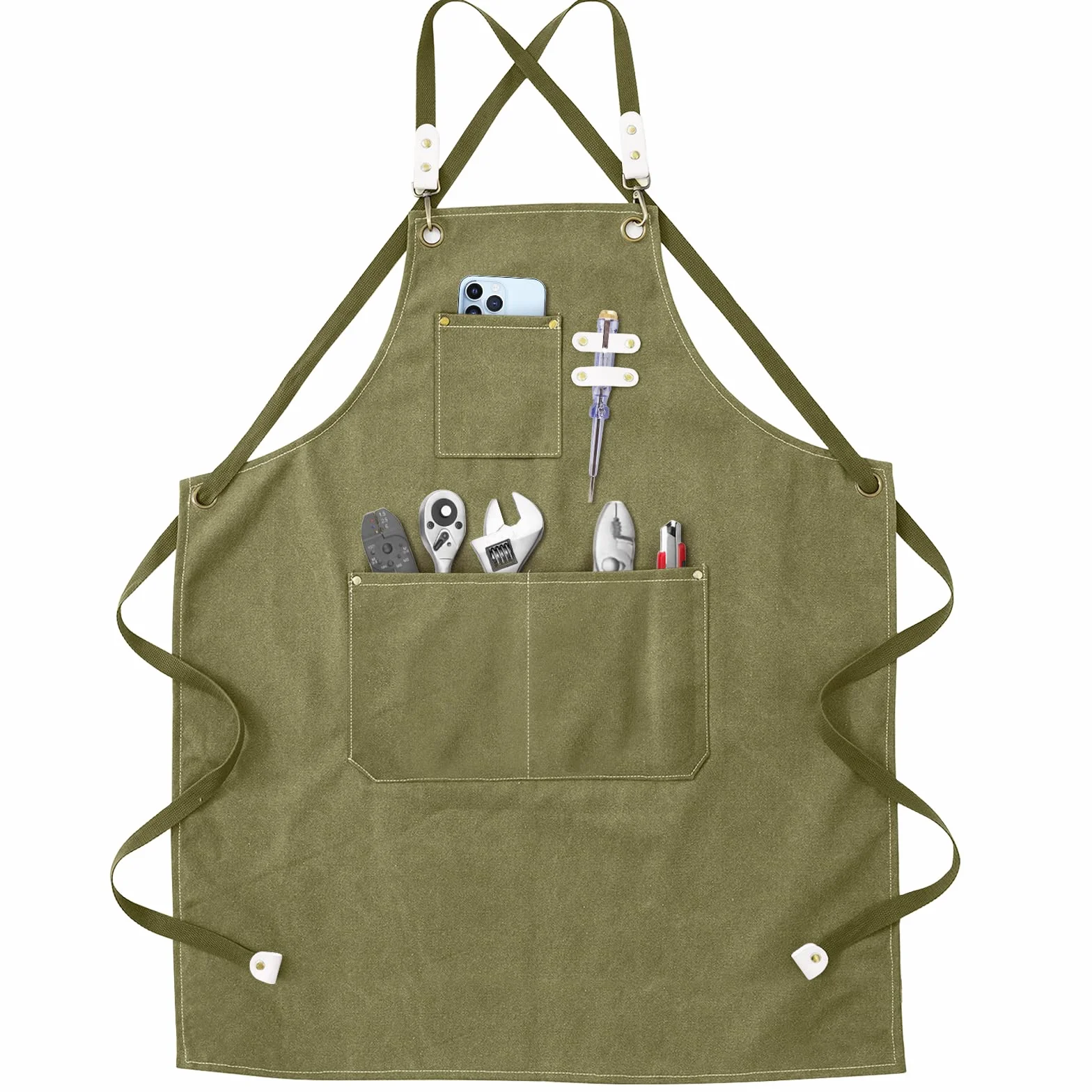 Grembiule da Lavoro - Grembiule da Saldatura con Tasche per Attrezzi Cinghie Incrociate Regolabili sul Retro Indumenti Protettivi per Uomo e Donna Perfetto per Giardino,Cucina,Garage (Verde) 78*57cm
