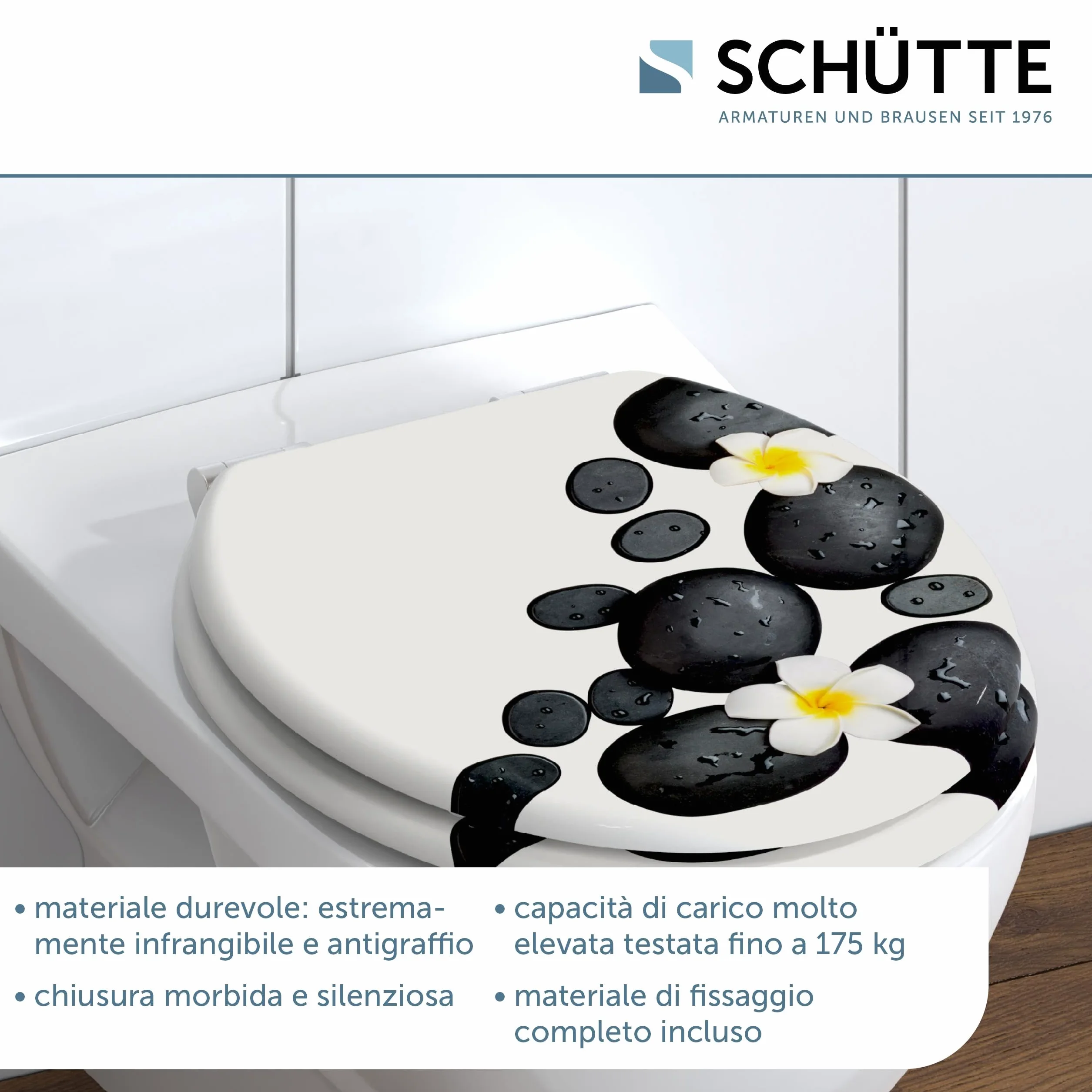 SCHÜTTE Tavoletta WC chiusura ammortizzata legno | Copriwater universali globo | Coperchio Water MDF | Sedile WC Universale | Asse Water | Fino a 250 kg | STONES