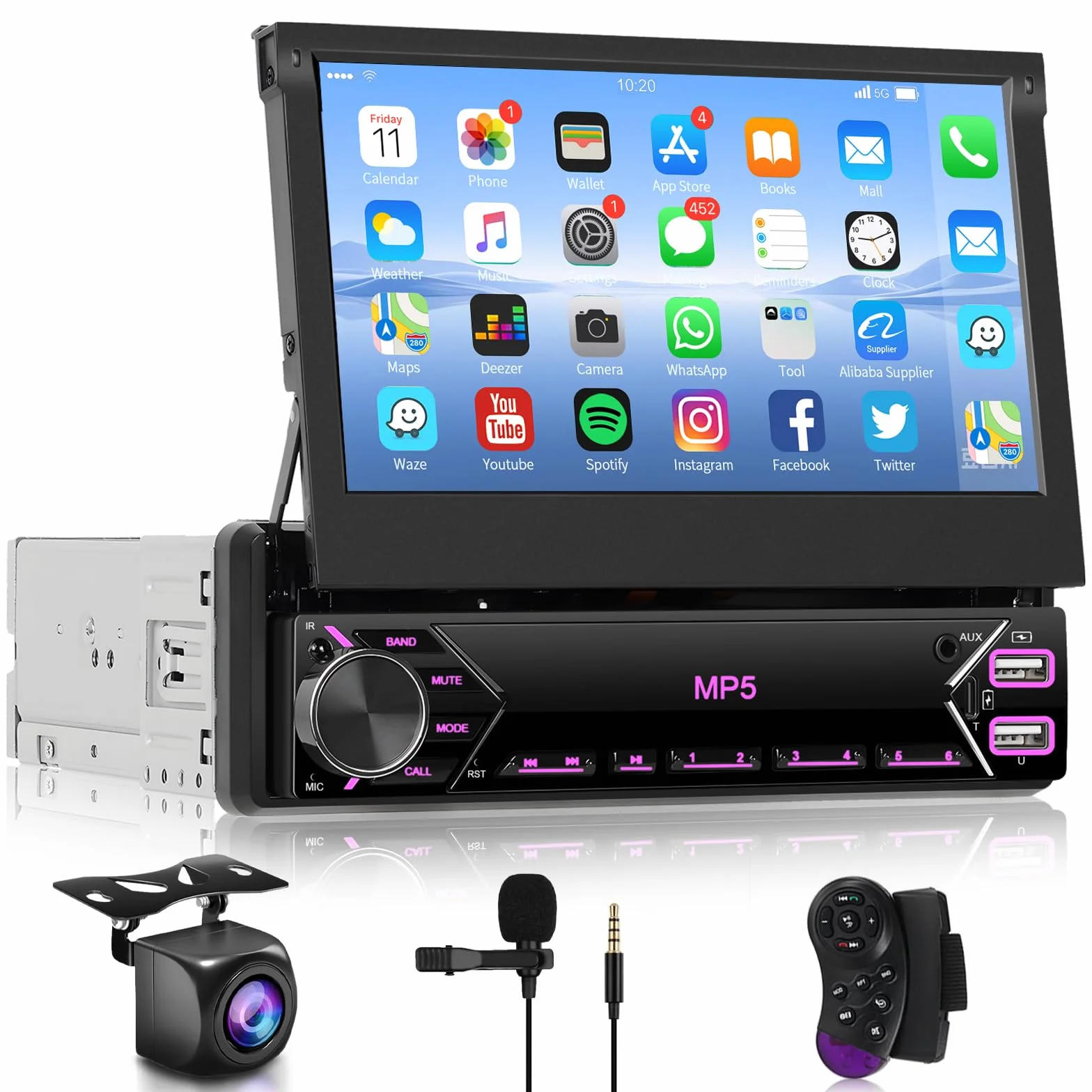 Autoradio 1 Din Schermo a Scomparsa, 7 Pollici IPS Touch Screen Stereo Auto 1 Din Bluetooth Mirror Link, Hodozzy Autoradio con FM Radio, Tipo-C USB/AUX, Controllo del Volante e Telecamera Retromarcia
