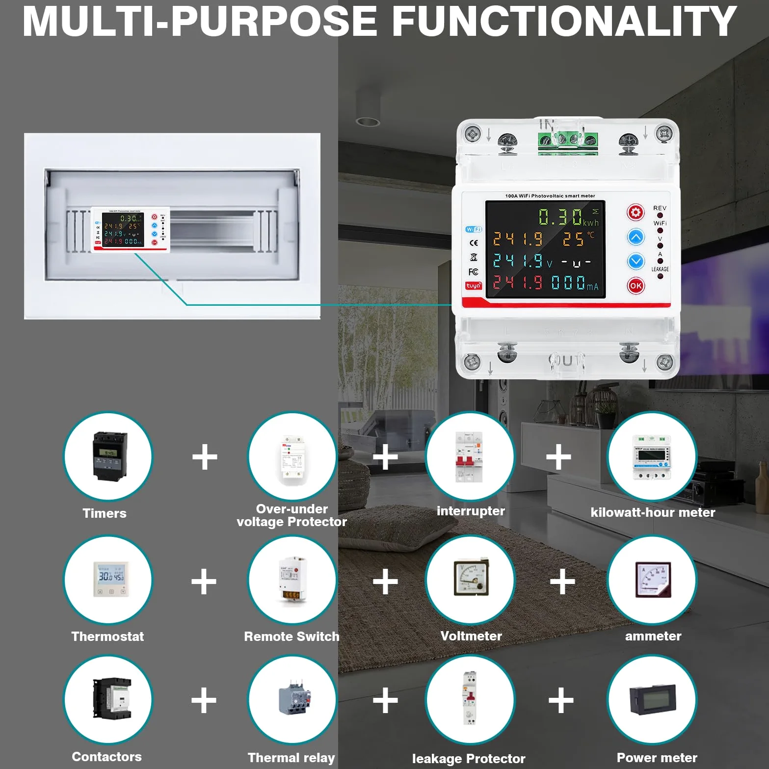 WiFi Contatore Energia Elettrica Monofase, Tuya Smart Misuratore di Consumo Elettrico AC 80-300V 100A Multifunzione Wattmetro Voltmetro Amperometro con Protezione Multipla, Controllo del Tempo