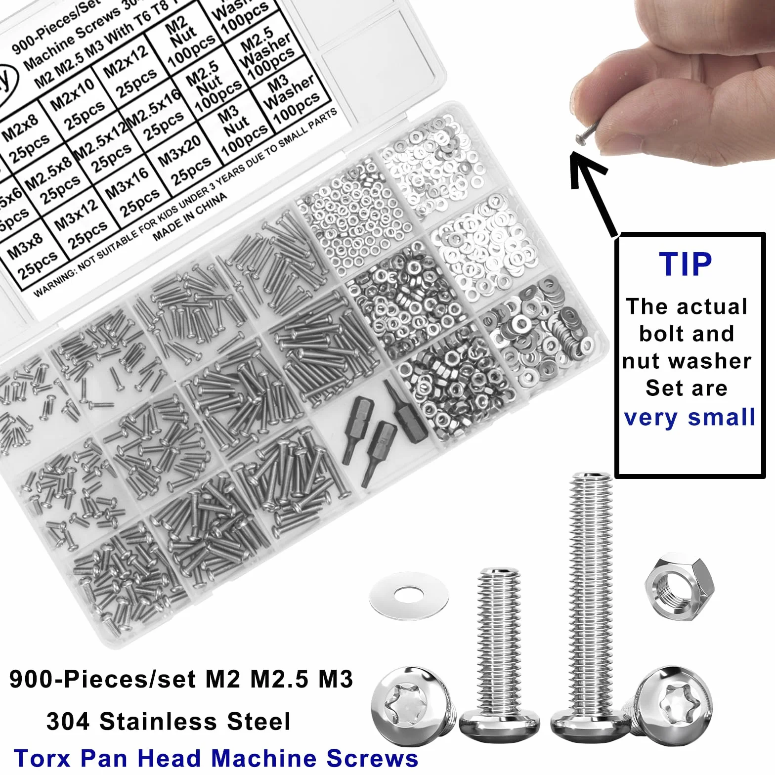 Viti per Metallo Torx M2 M2.5 M3, 900 Pezzi Acciaio Inox 304, Bulloni e Dadi