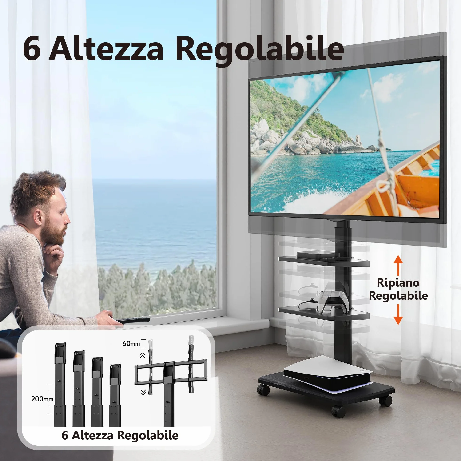 FITUEYES Supporto TV Da Pavimento Mobile Con 3 Ripiani Per TV 32–70 Pollici Fino A 40 Kg, Altezza Regolabile E Girevole, VESA Massimo 600×400, Ideale Per Appartamenti E Uffici