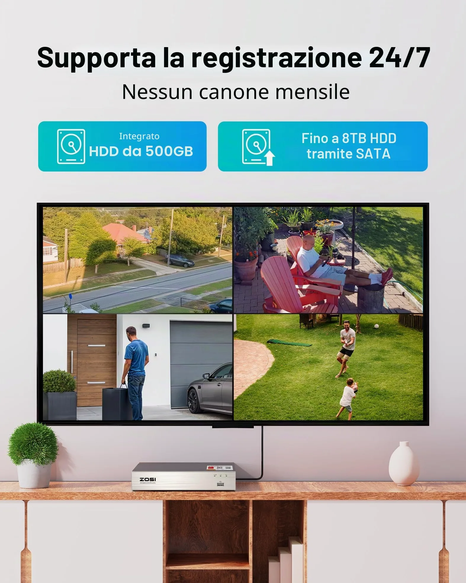 ZOSI 1080P 8CH 500GB DVR Pacchetto di sicurezza completo con 4 telecamere bullet cablate per interni/esterni, rilevamento intelligente, IR 24 m per casa e garage