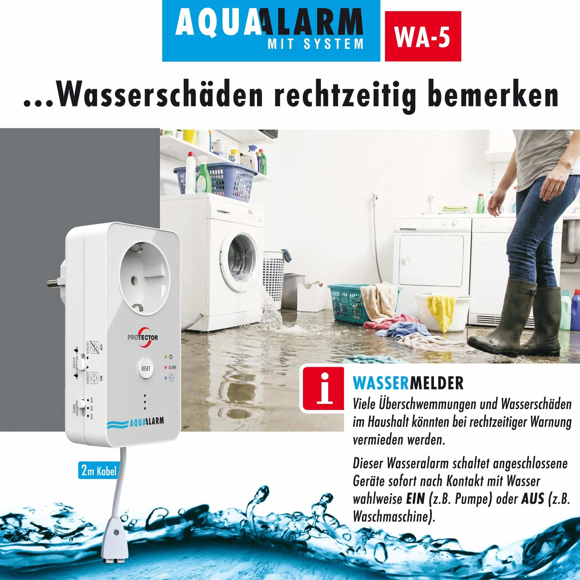 M-e modern-electronics WA-5 - Rilevatore d'acqua con sensore esterno alimentato a rete