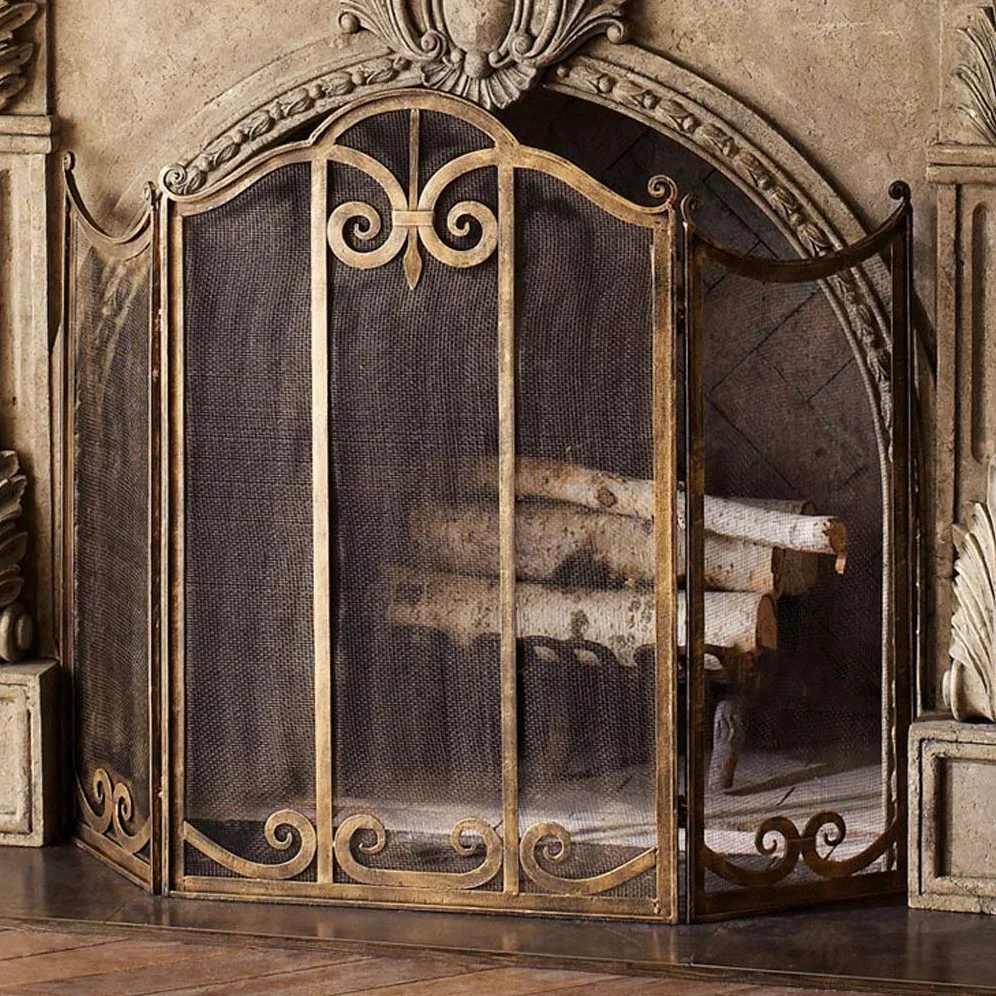 Schermi per Caminetti di Guardia Grande oro Camino schermo 3 Pannello Ornato Ferro battuto metallo Fire Place piedi del cancello maglia decorativa Solid Steel Spark protezione della copertura attrezzi