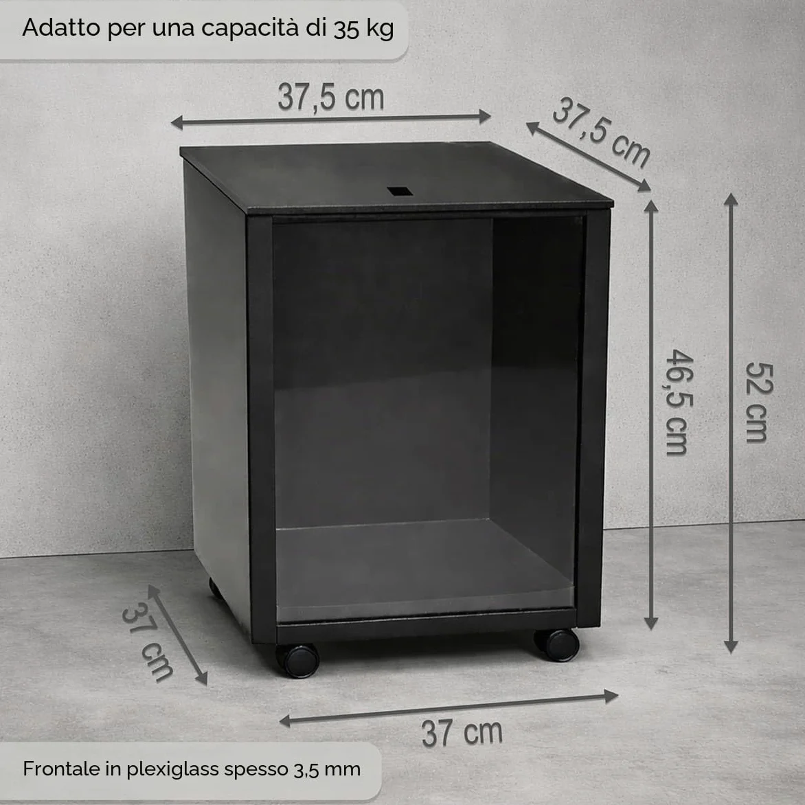 MS Beschläge Pellet Box in metallo nero con ruote e parabrezza, contenitore mobile per pellet con coperchio, per stufa a pellet e camino, robusto carrello a pellet per pellet di legno fino a 35 kg