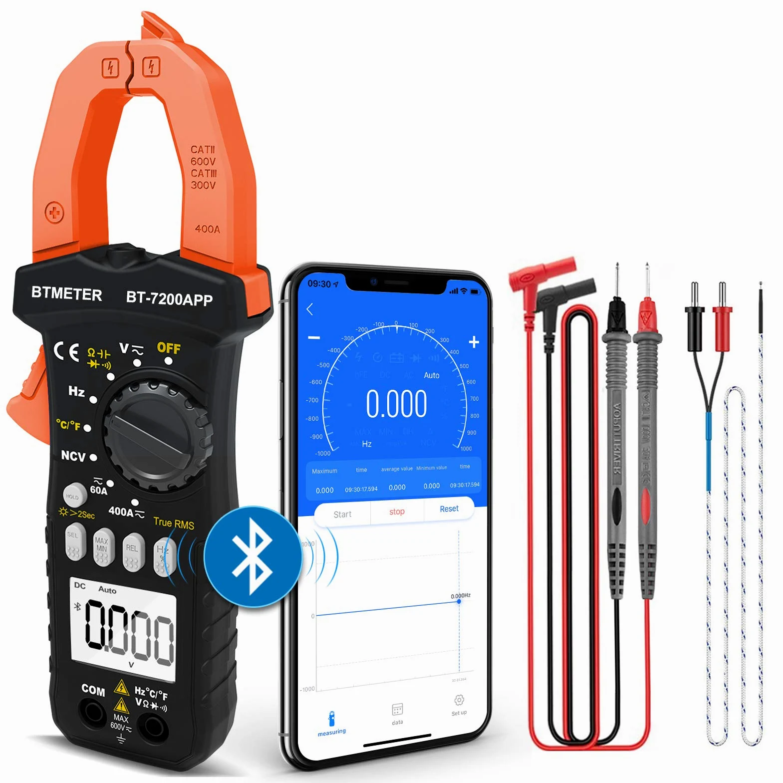 BTMETER BT-7200APP TRMS 6000 conteggi Multimetro a pinza, Amperometro a pinza digitale Bluetooth per corrente alternata/CC Tensione Resistenza Condensatore Frequenza Continuità Temperatura NCV