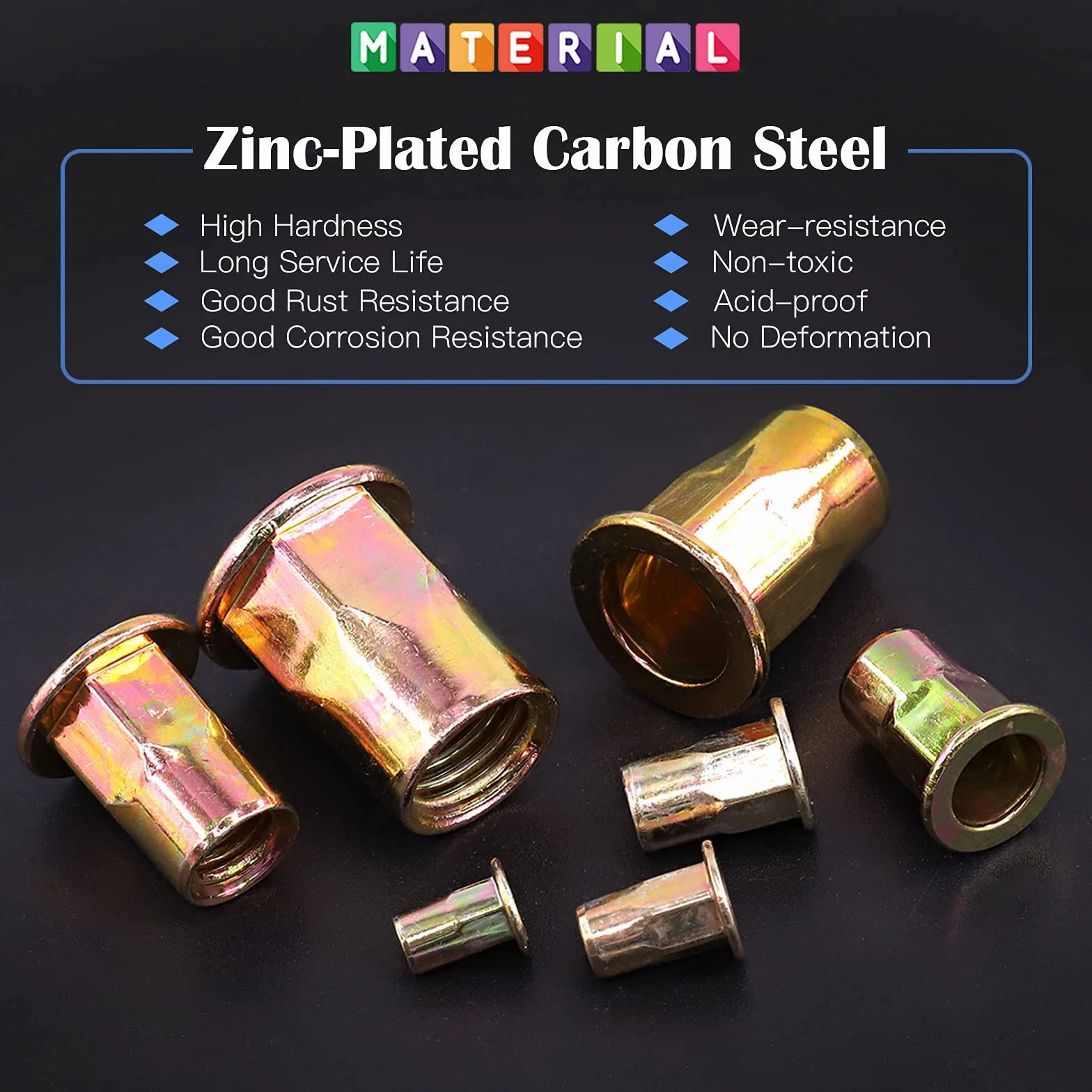 Glarks M3 Set dadi rivetti testa piatta acciaio carbonio zincato inserti filettati 60 pezzi