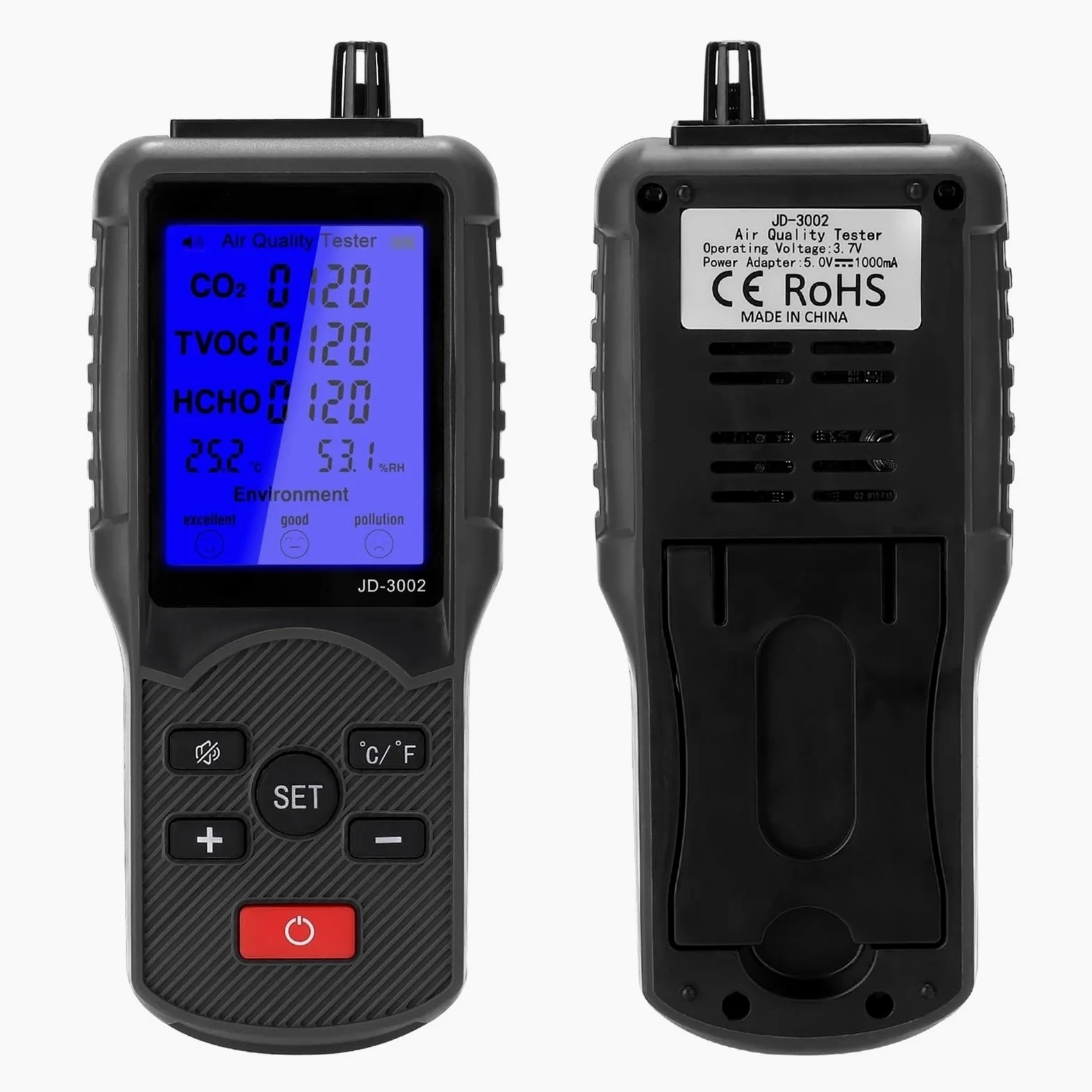 Misuratore Qualità dell'aria, JD-3002 Tester a qualità 'aria Multifunzionale CO2 TVOC HCHO Misuratore di umidità a temperatura Dispositivo di misurazione Rilevatore di CO2 Analizzatore di gas per Casa