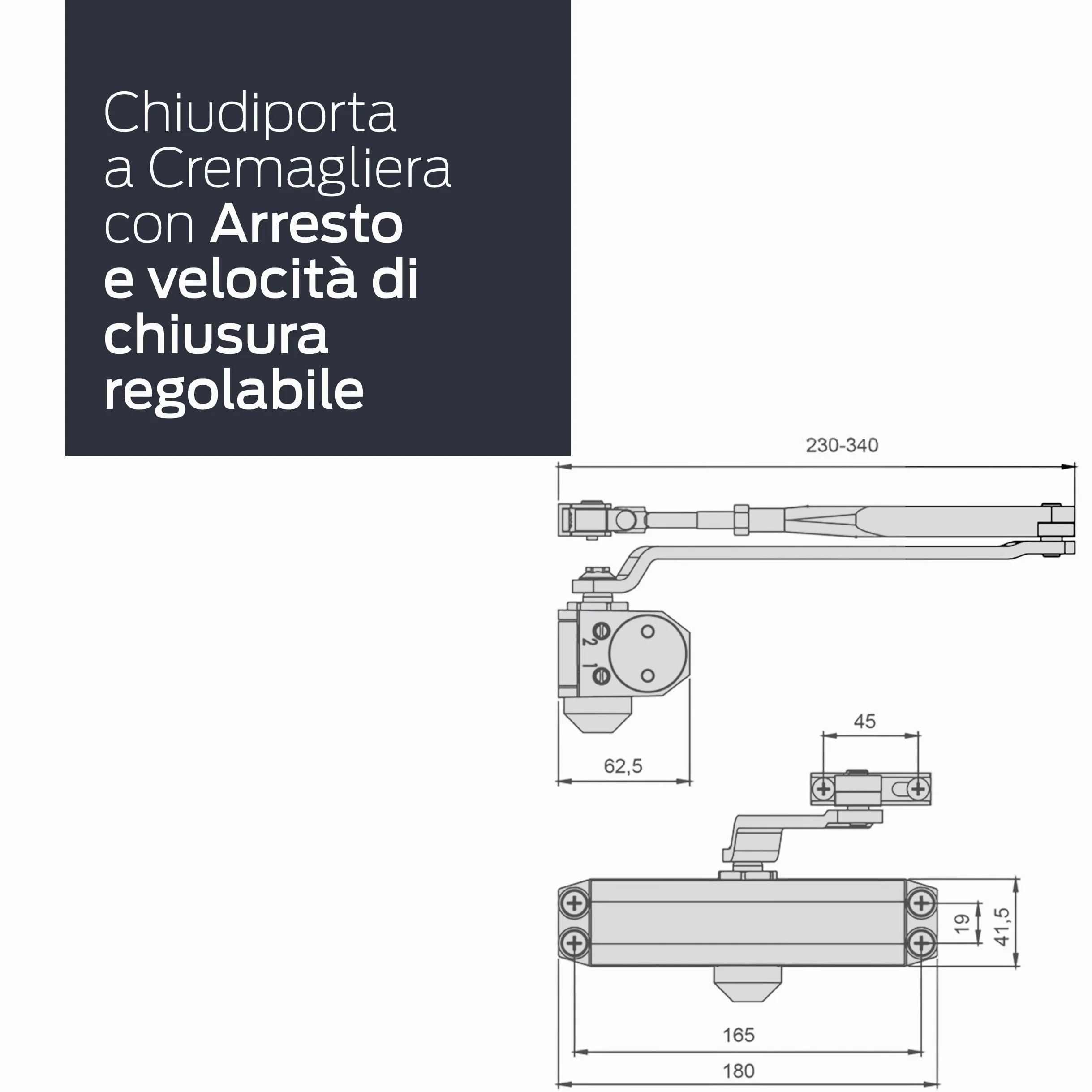 CISA - Chiudiporta CISA a Cremagliera con Arresto 16047103044 Serie 604 - Chiudiporta con Velocità di Chiusura Regolabile - Chiudi Porta per Porte Max 80 kg - Nero