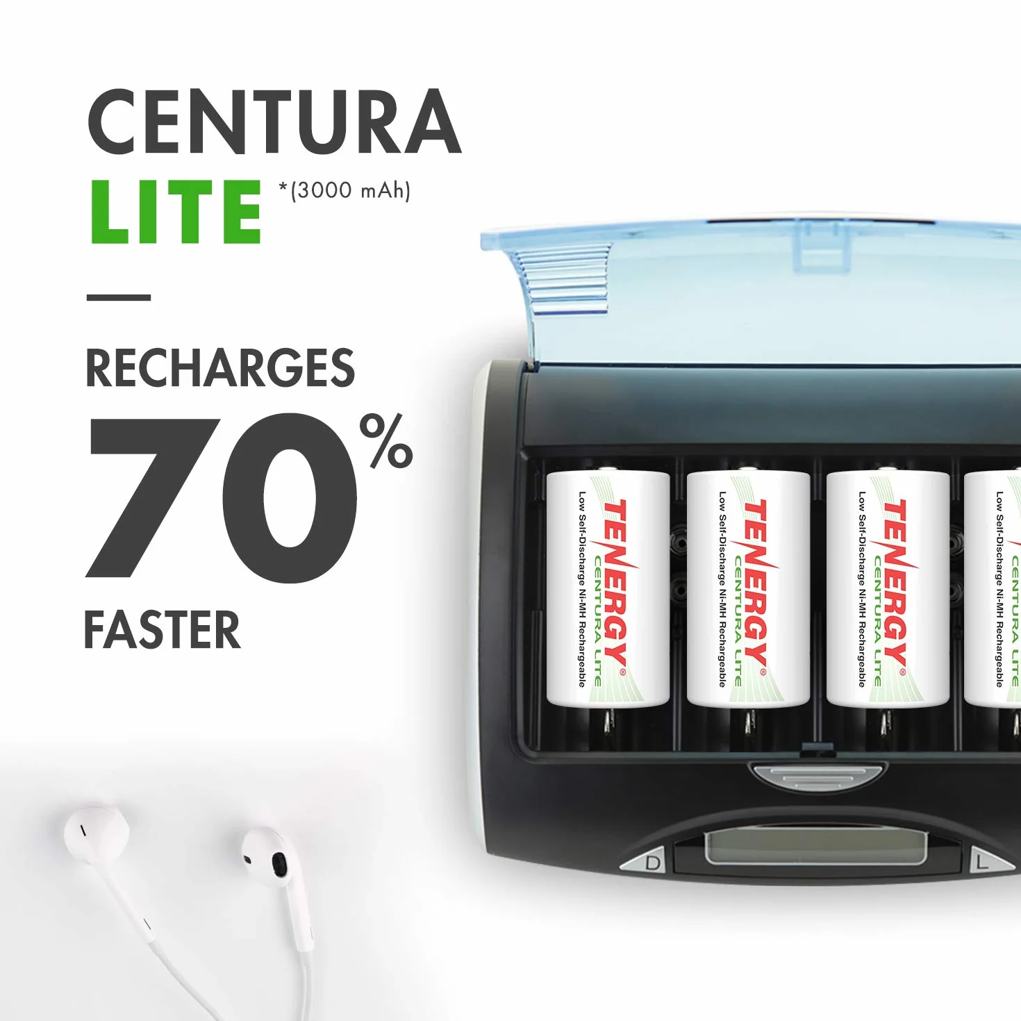 Tenergy Confezione da 4 batterie Centura Lite D Size e caricabatterie universale TN486U a 5 alloggiamenti con LCD, ingresso micro USB/tipo C