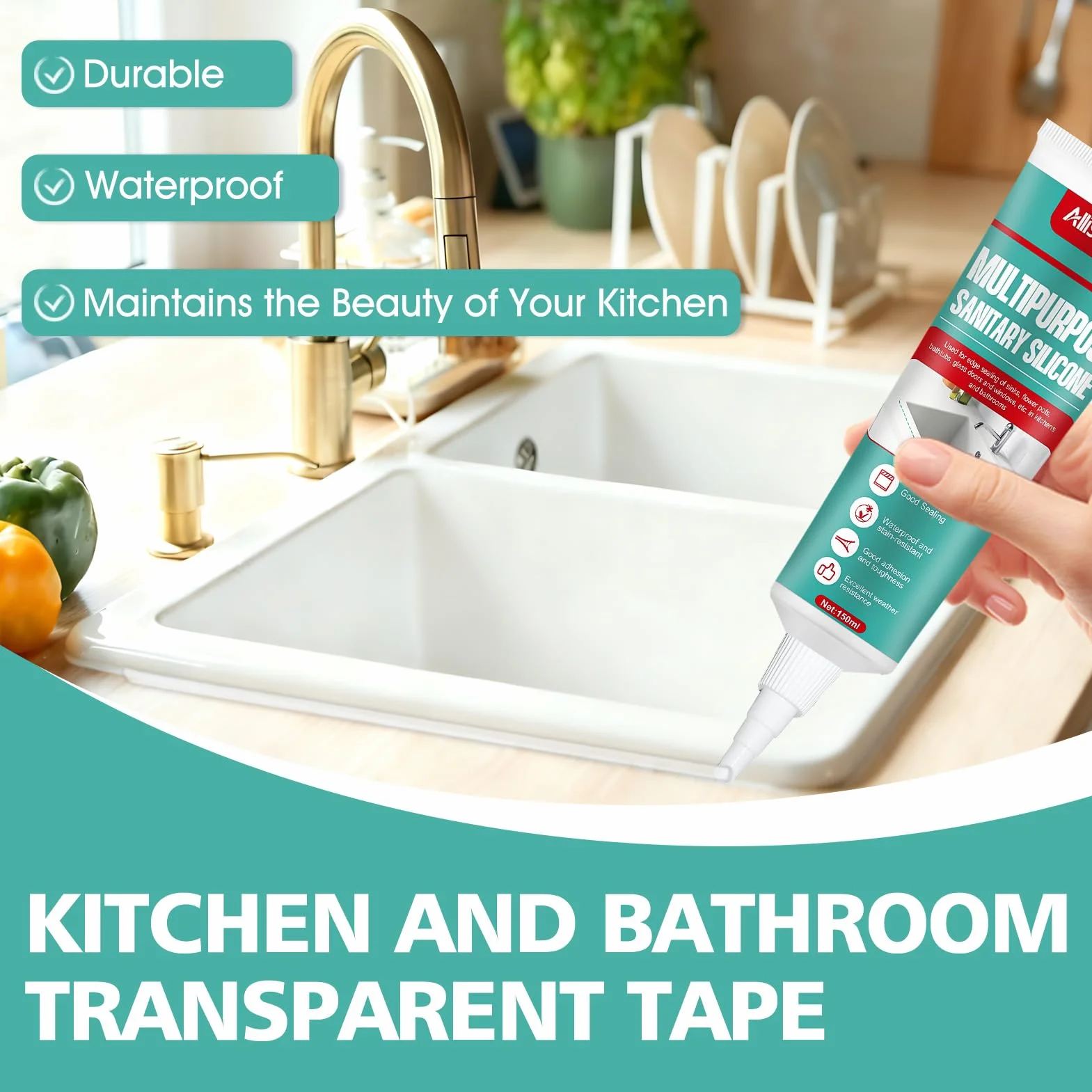Sigillante Silicone Trasparente Impermeabile 150ml per Bagno, Cucina, WC e Piscina