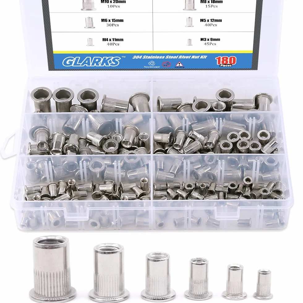 Glarks 180pcs Flat Head Rivet Nut Assortiment Kit, Inserisci in acciaio inossidabile Rivnut, Rivetti a filettatura metrici
