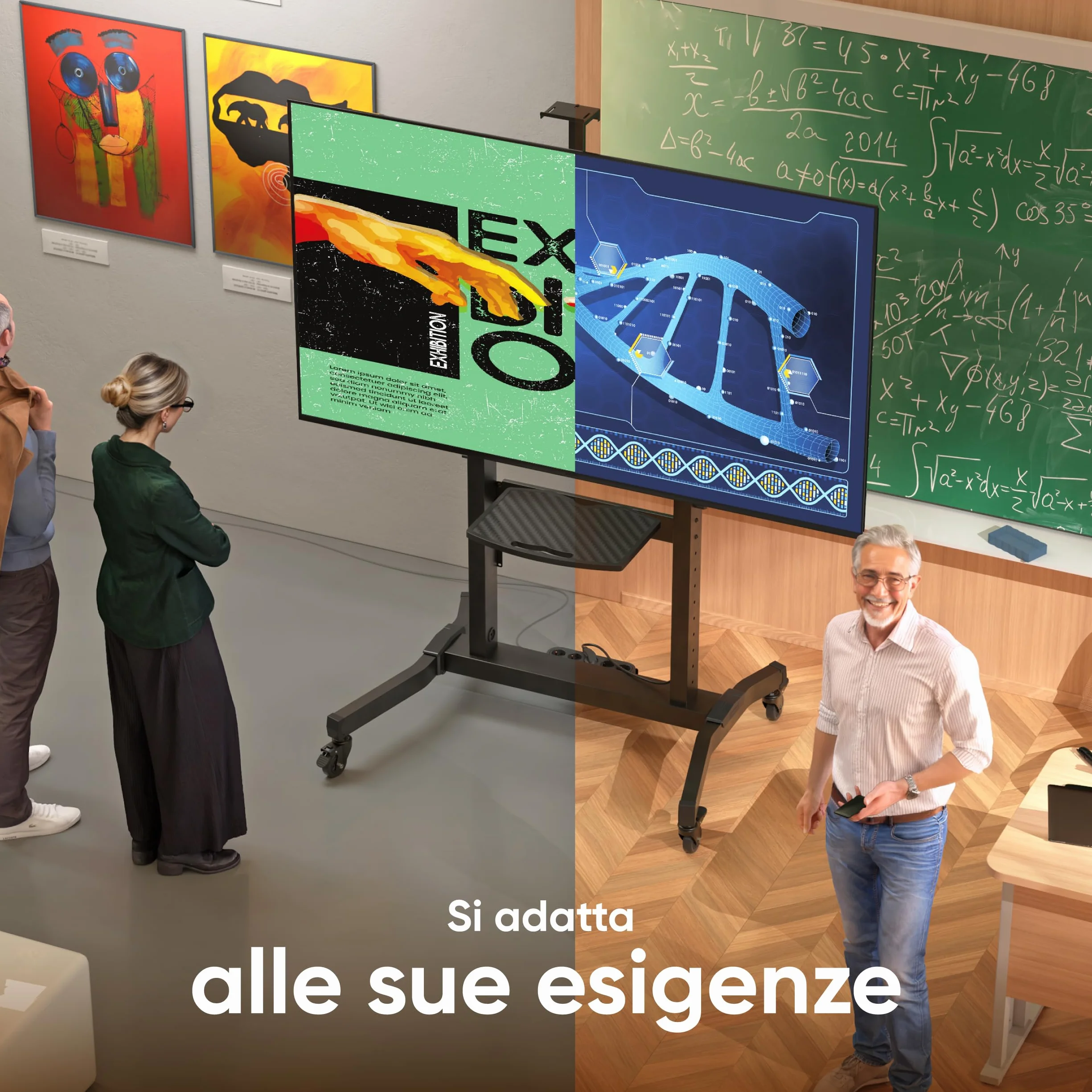 ONKRON Carrello Porta TV con Ruote 50-100 pollici, Carico Totale 130 kg, VESA 200x200-1000x600, Supporto TV da Pavimento Regolabile in Altezza e Inclinabile, Porta Televisore Mobile, Nero TS1991-B