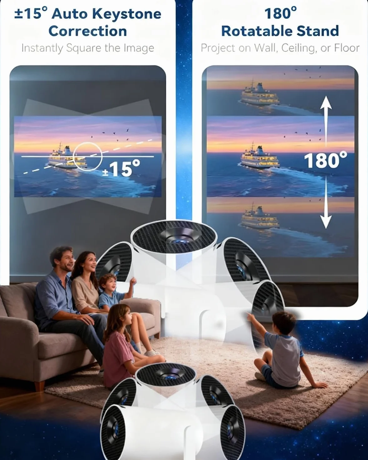 Mini proiettore Intelligente da 210°, proiettore di Film Intelligente 4K, Altoparlante Integrato, WiFi e Bluetooth, Oltre 20 Scene di finestre, for Camera da Letto o Soggiorno