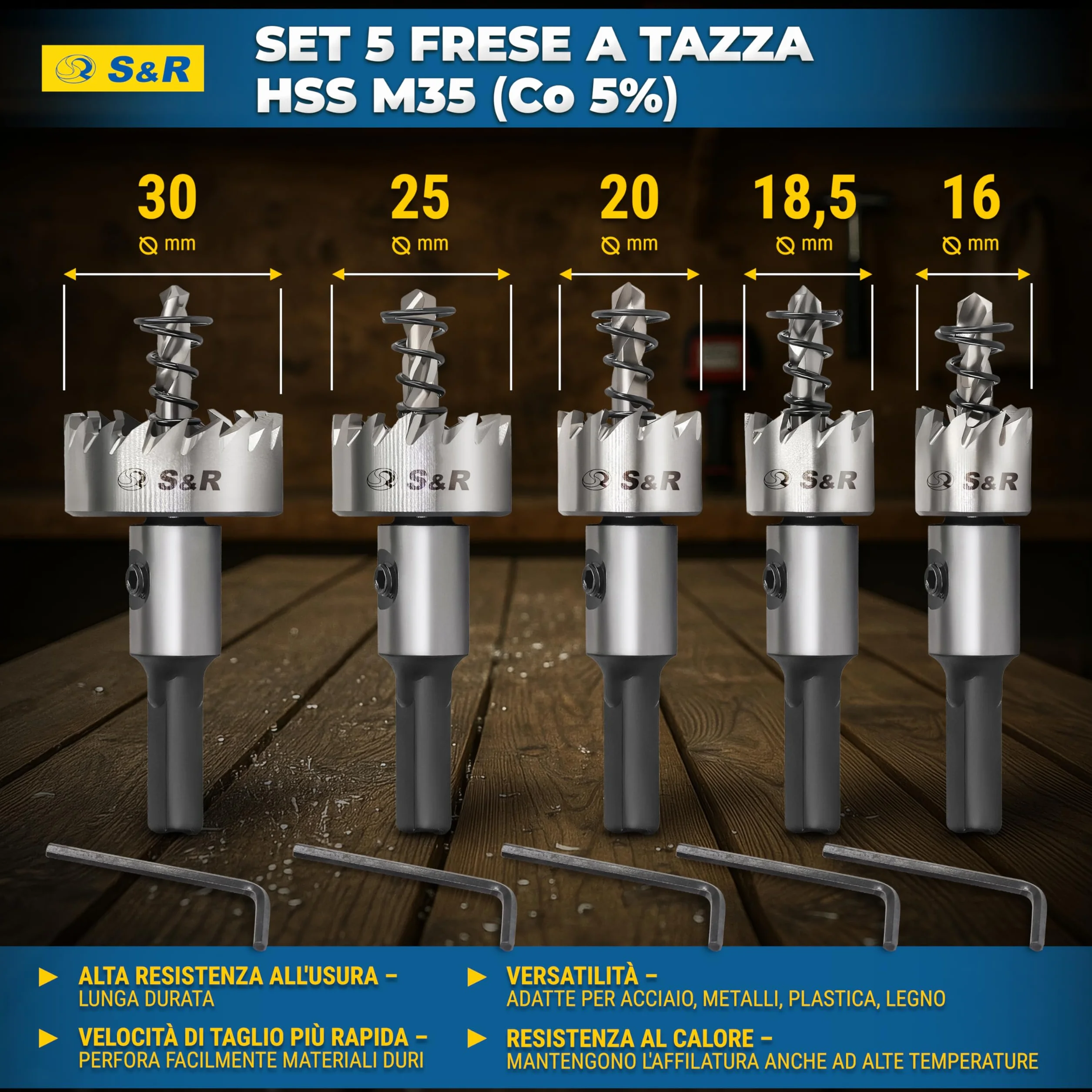 S&R Set 5 Seghe a Tazza Metallo HSS Cobalto 16-30mm Codolo Esagonale 9,5mm