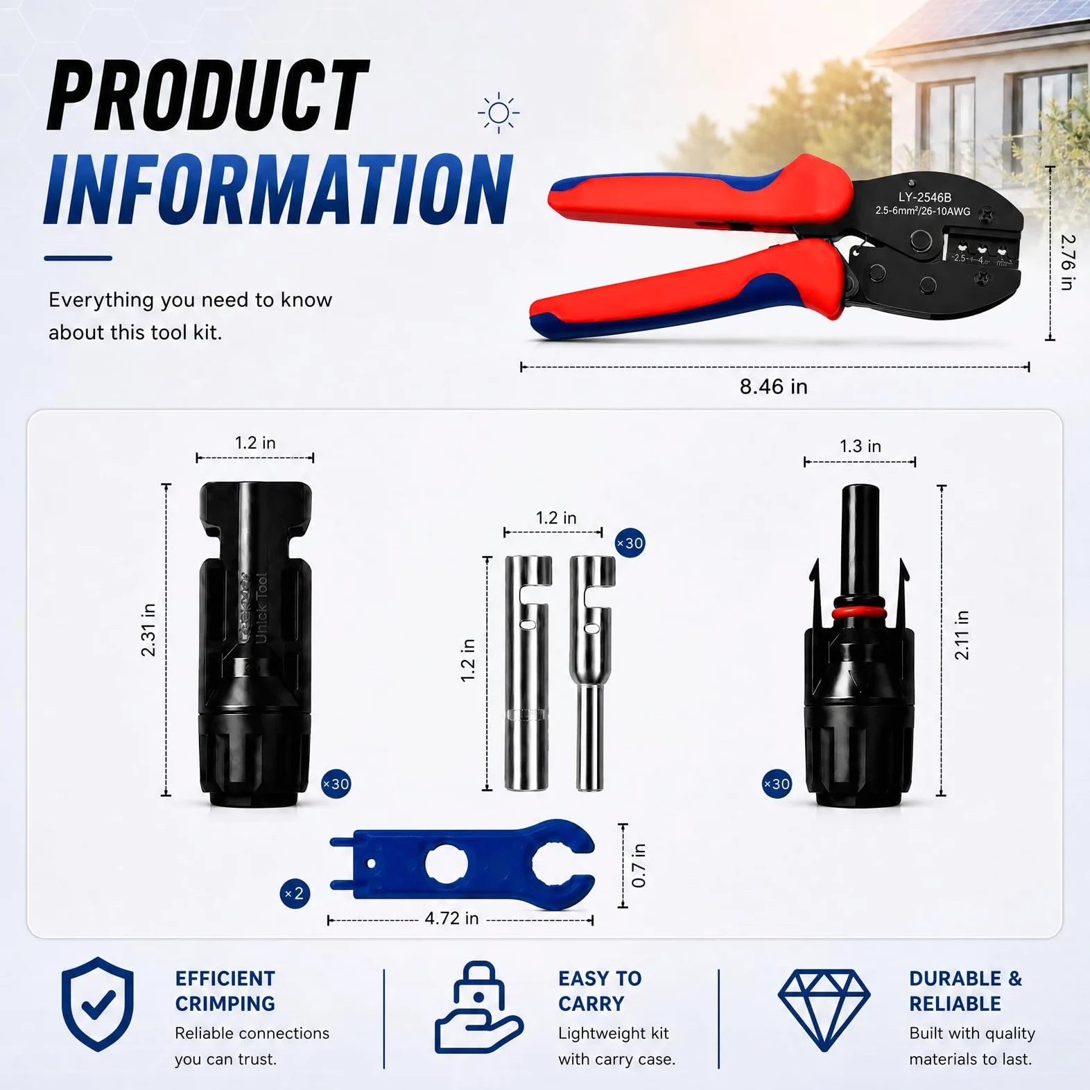 Kit di strumenti per crimpatura di connettori solari con connettori per pannelli solari, 30 paia, chiave connettore MC4 per assemblaggio e installazione di cavi PV 14-10 AWG