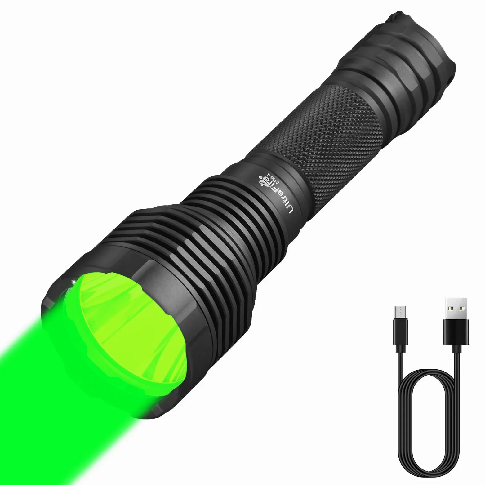 UltraFire Torcia da caccia ricaricabile, luce verde, 520-530 nm, luce verde, portata 350 metri, 2 modalità per visione notturna, osservazione selvaggia, lettura di mappe, pesca, campeggio, C15S-G