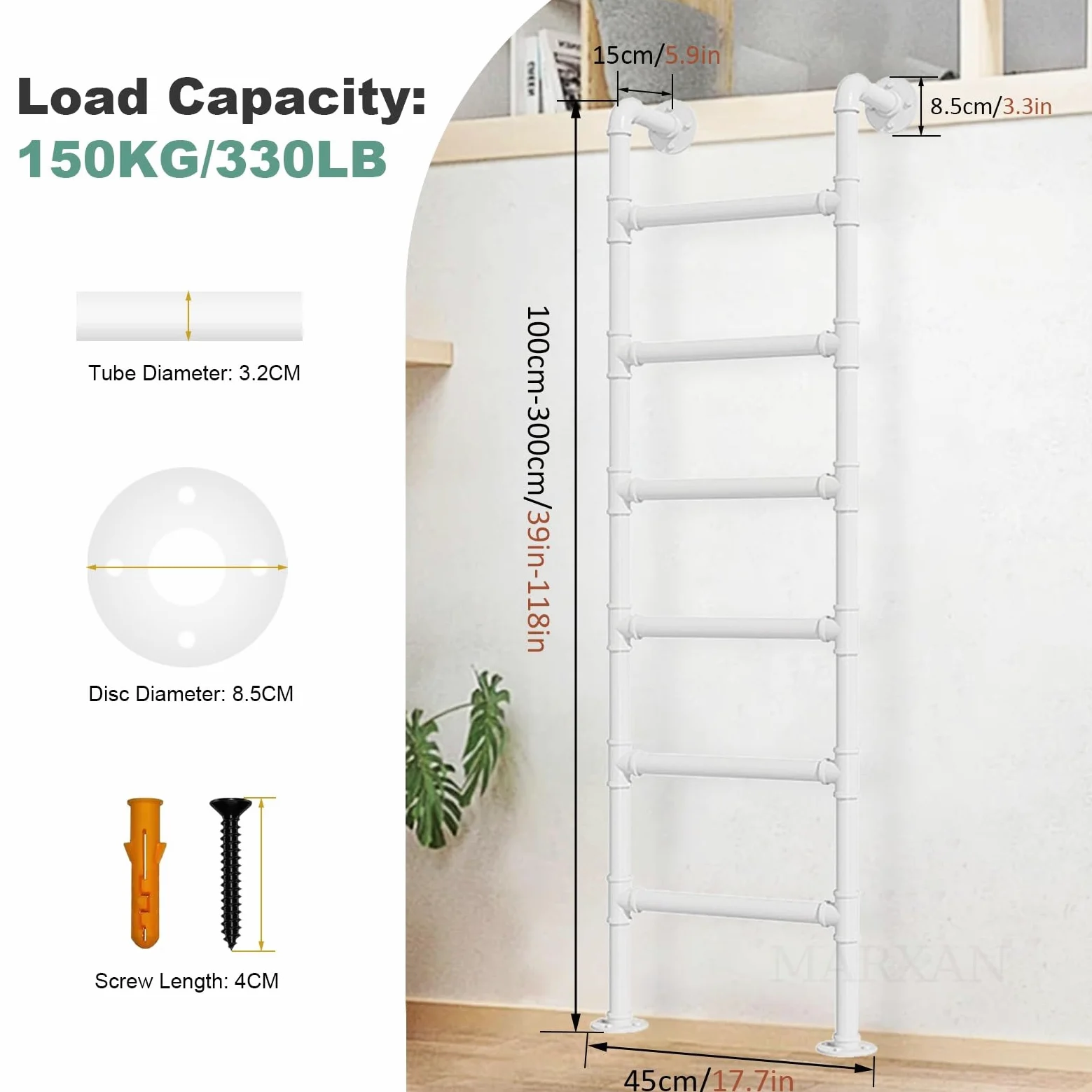 Scala di Uscita di Emergenza Resistente per Casa/Letto a Castello, Scala da Soppalco da Terra in Ferro battuto Bianco con Accessori di Montaggio, Dimensioni Personalizzabili(155cm/61in)