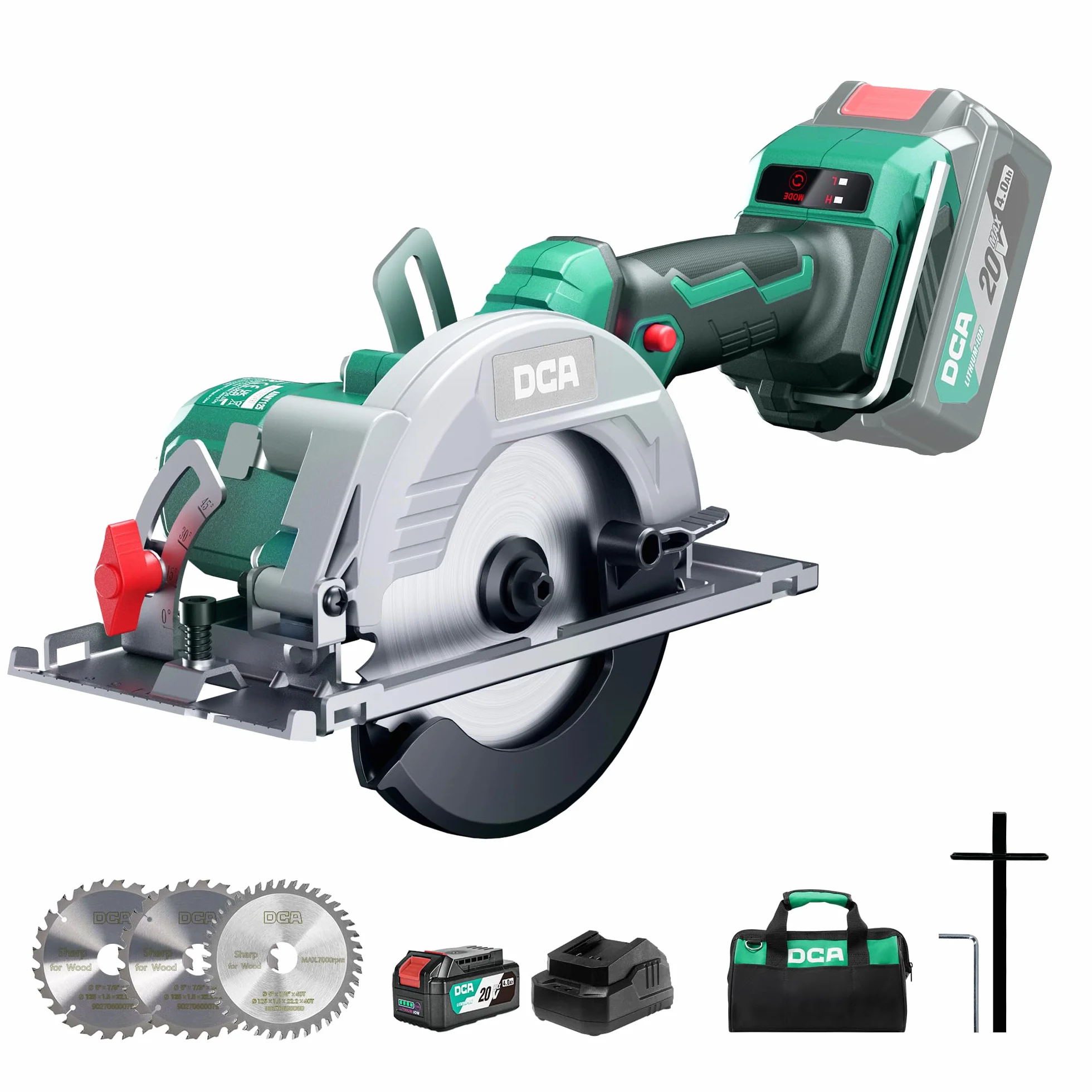 DCA Sega Circolare Mini Senza Spazzole, 2 Velocità 6700/4200 Rpm con 20V 4,0Ah Batteria, 3 Lame Ø125mm e Guida, Profondità Taglio 45mm(90°)/33mm(45°), Per Legno, Plastica, PVC