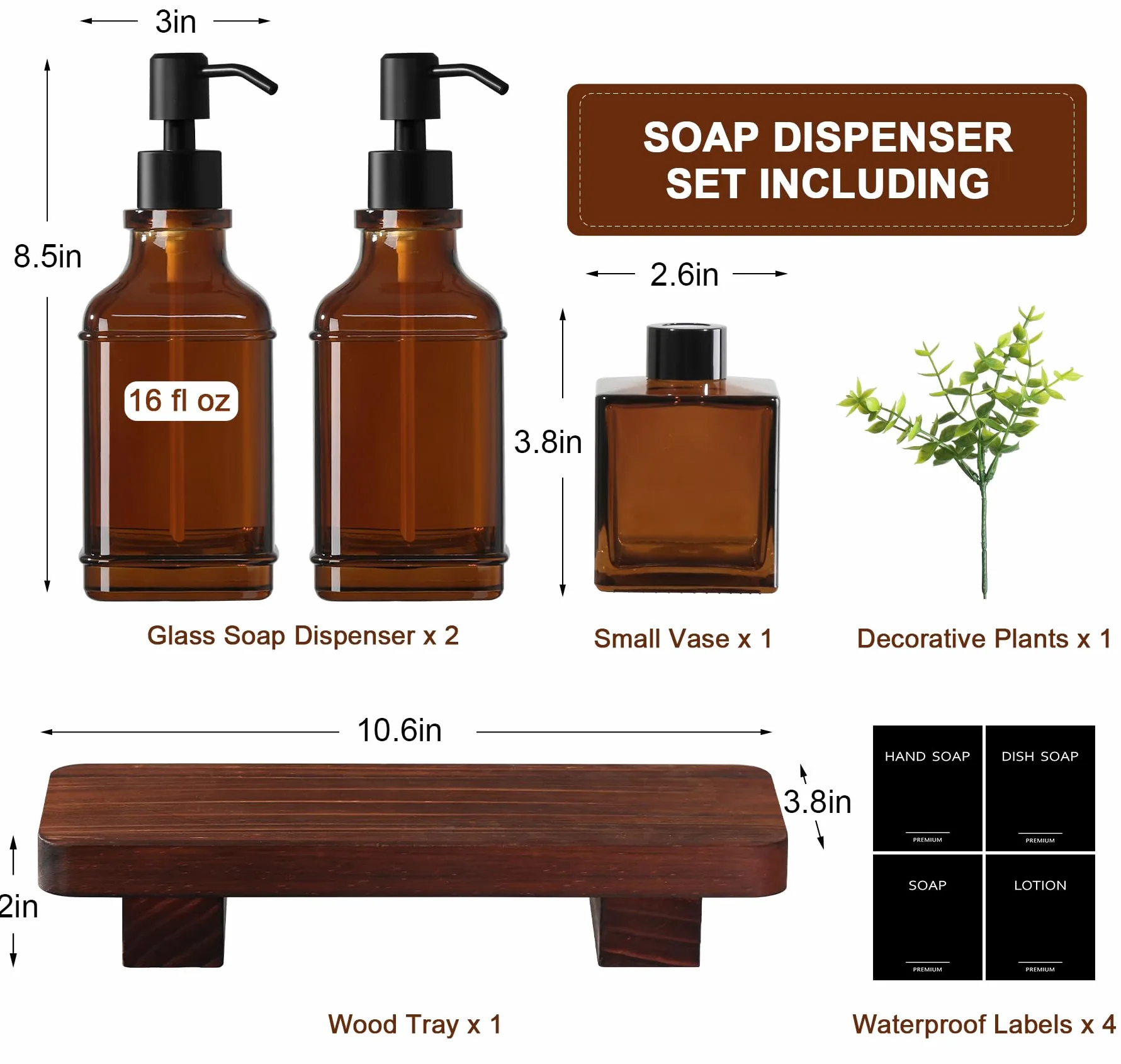 Moderno set di dispenser di sapone da cucina con vassoio in legno, dispenser di sapone in vetro ambrato con pompa, set di dispenser di sapone decorativo per mani e piatti, dispenser di sapone e
