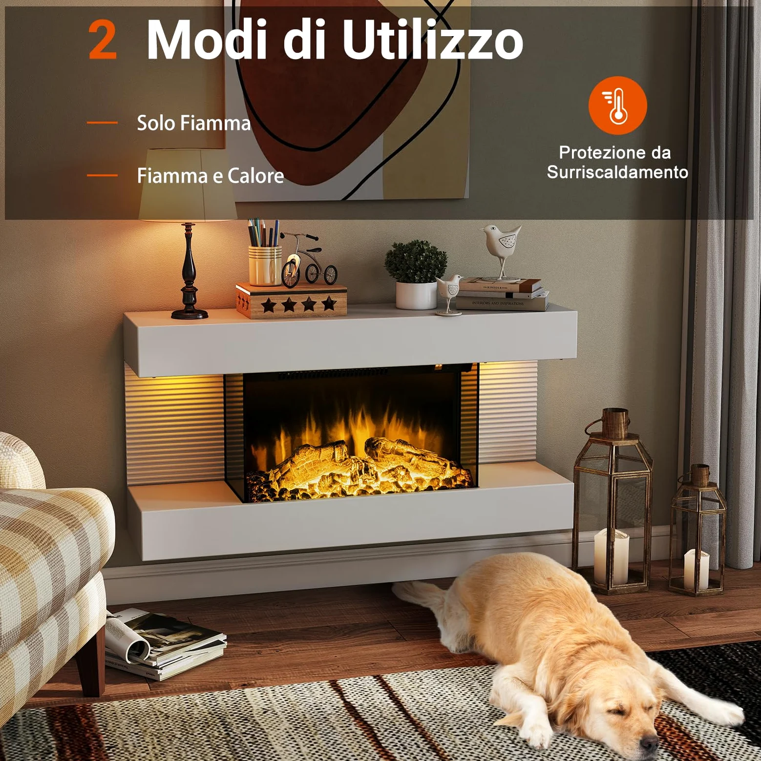 COSTWAY Camino Elettrico, 750W/1500W Caminetto con Luci LED, Telecomando, 12 Colori di Fiamma, Timer 8H Mensola Galleggiante e Protezione Surriscaldamento