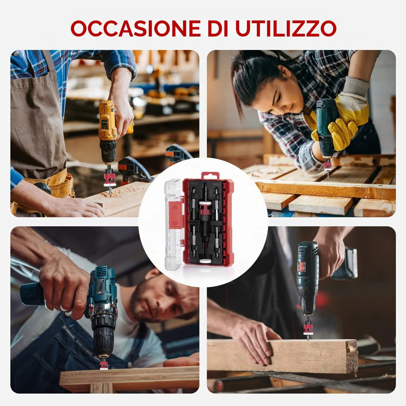Set di 5 punte per trapano a svasatura per legno HSS-M2 attacco esagonale