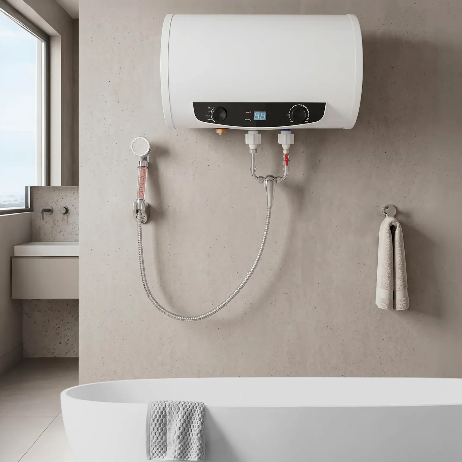 Scaldabagno da 50 l, montaggio a parete, 2000 W, 3 livelli, con set doccia IPX4 | Scaldabagno elettrico 35-75 °C, 3 livelli di calore, IPX4, silenzioso, 30 dB, ideale per bagno, cucina, parrucchiere