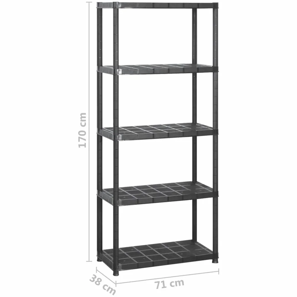 Scaffale portaoggetti a 5 ripiani nero 142 x 38 x 170 cm in plastica scaffale carico pesante, stoccaggio scaffalature supporto portaoggetti per cucina, soggiorno, garage, officina
