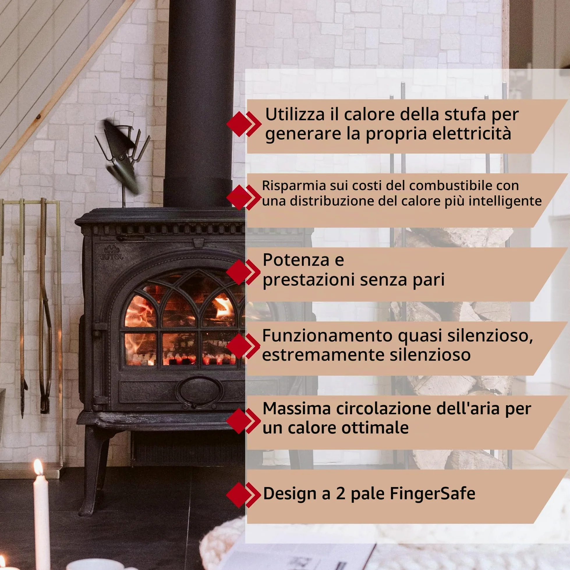 Ecofan 800CAXBX - Ventola per stufa a legna alimentata a calore, colore: nero, bilingue