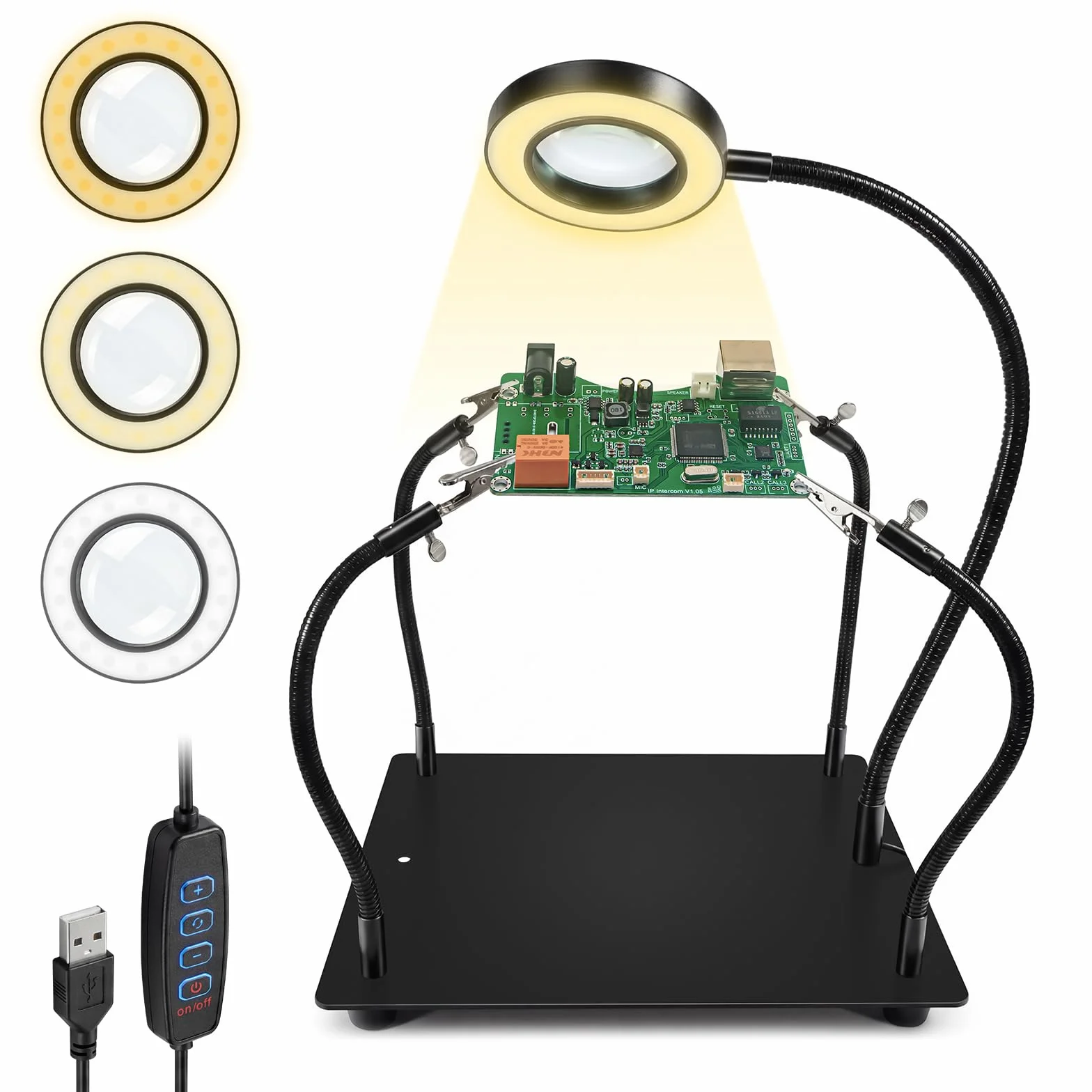 Terza Mano per Saldatura 6X Lente d‘Ingrandimento LED 4 Bracci Flessibili Portal circuiti Stazione Saldante per Elettronica Gioielleria Hobby