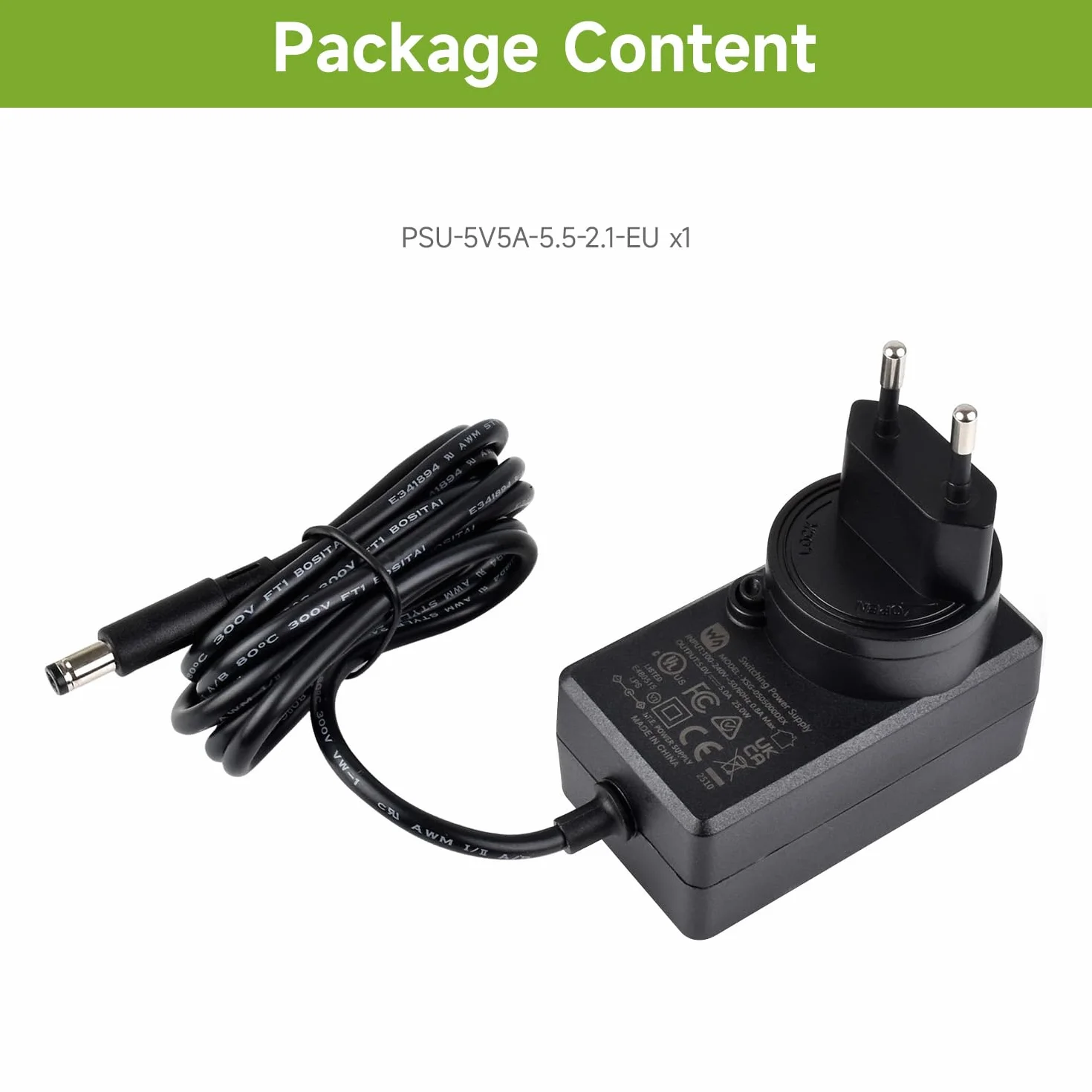 Waveshare Power Supply, Power Adapter, 5V / 5A, DC Jack Output, OD 5.5mm, ID 2.1mm, EU Plug