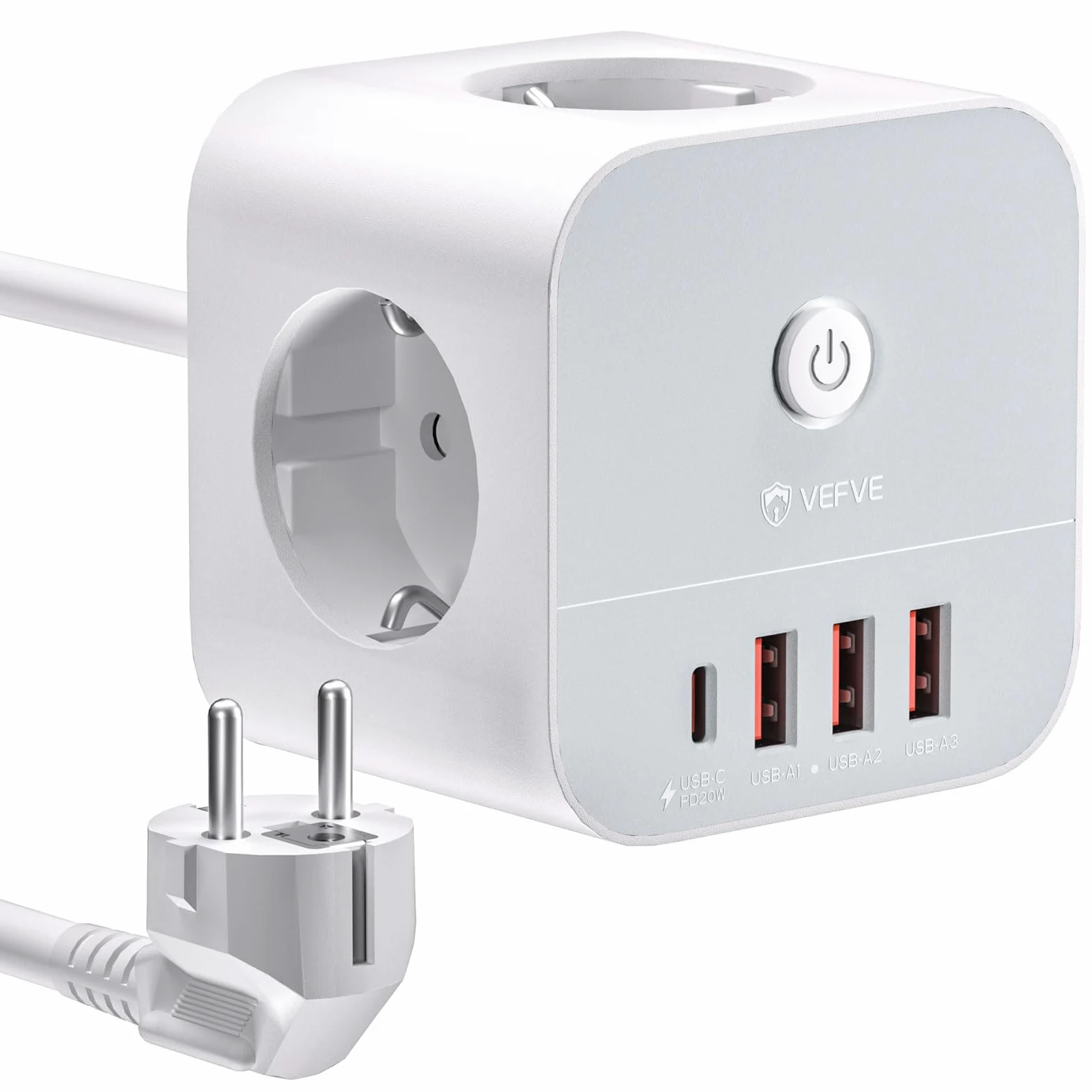 VEFVE Ciabatta con cavo, 7 in 1 cubo, presa multipla con USB C 20 W, 3 prese, 1 USB-C e 3 USB-A, 3680 W con interruttore, cavo di prolunga da 5 m