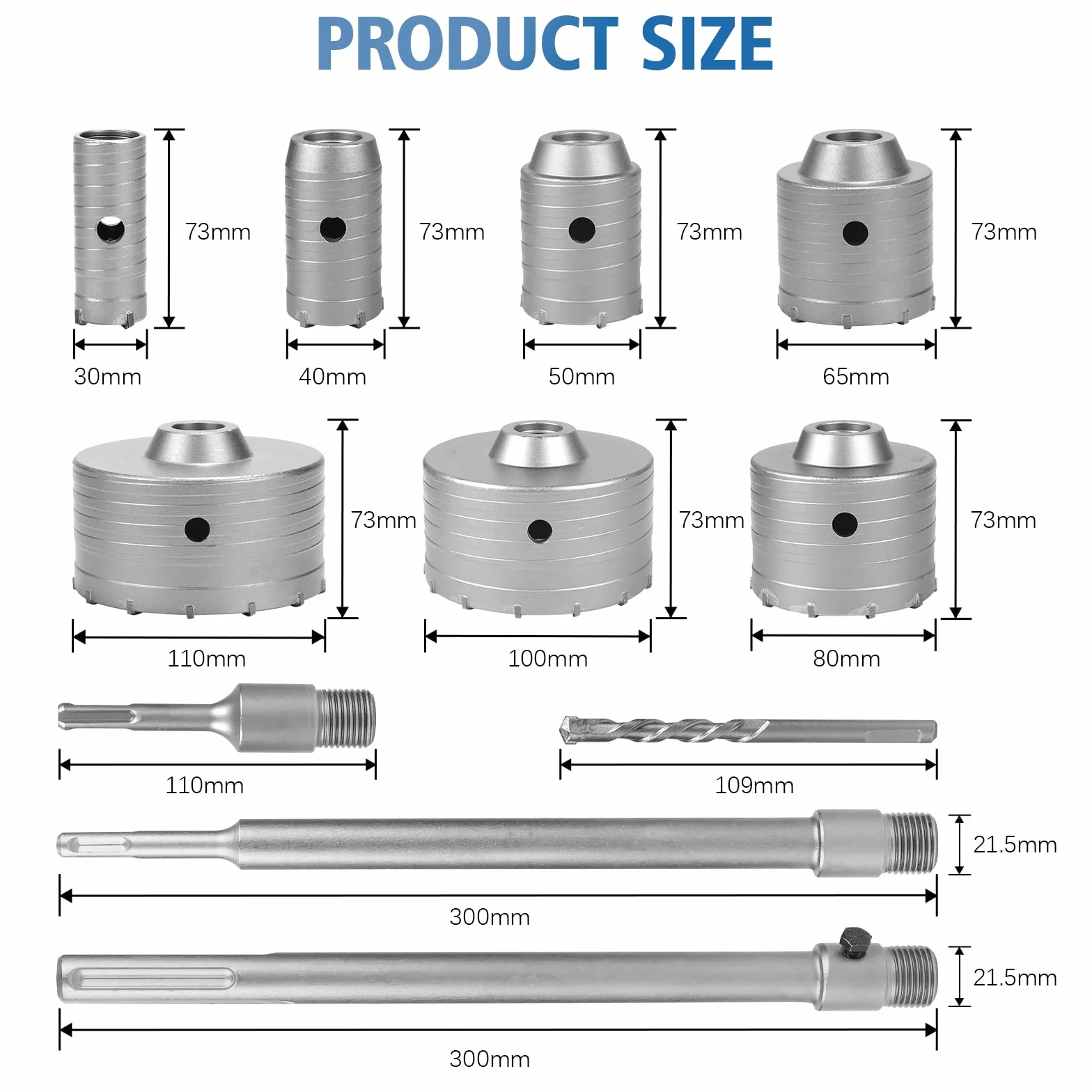 EXLECO Carotatrice Muro Set 7 Punte Cave 30-110mm SDS Plus & SDS Max 6 Punta Centraggio